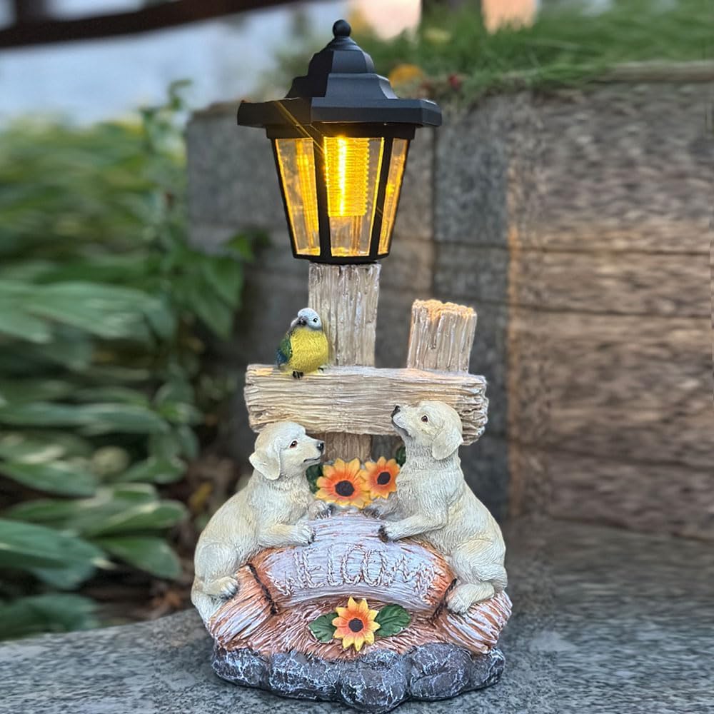 Outside Dog Statue with Solar Lantern, Garden Welcome Sign Dog Solar Figurines Light, Patio Outdoor Decoration, Balcony Lawn Decor, Unique Birthday House Warming Gift for Women, Mom, Grandma