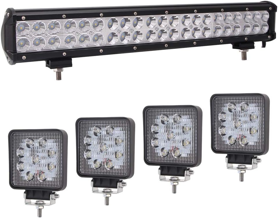 Bangbangche 126W 20'' Flood Combo CREE Bar and 4X 4'' 18W Spot Led Pods Fog Lights, Waterproof Super Bright, Jeep Wrangler Boat Truck Tractor Trailer Off-Road
