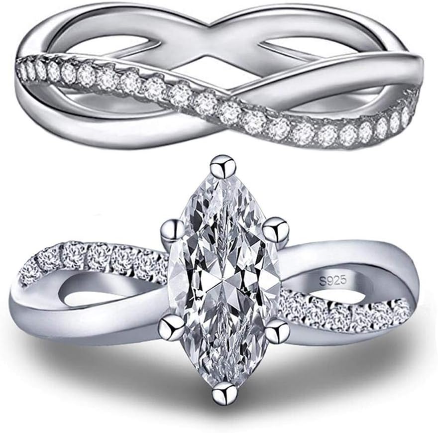 101 Facets Realistic Marquise Cut Simulated Diamond Band Set 925 Silver 1.5 Carat Infinity Twist Unique Design