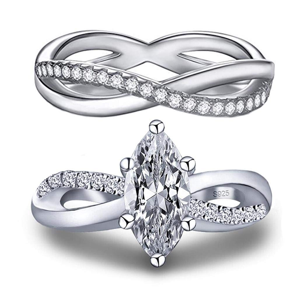 101 Facets Realistic Marquise Cut Simulated Diamond Band Set 925 Silver 1.5 Carat Infinity Twist Unique Design