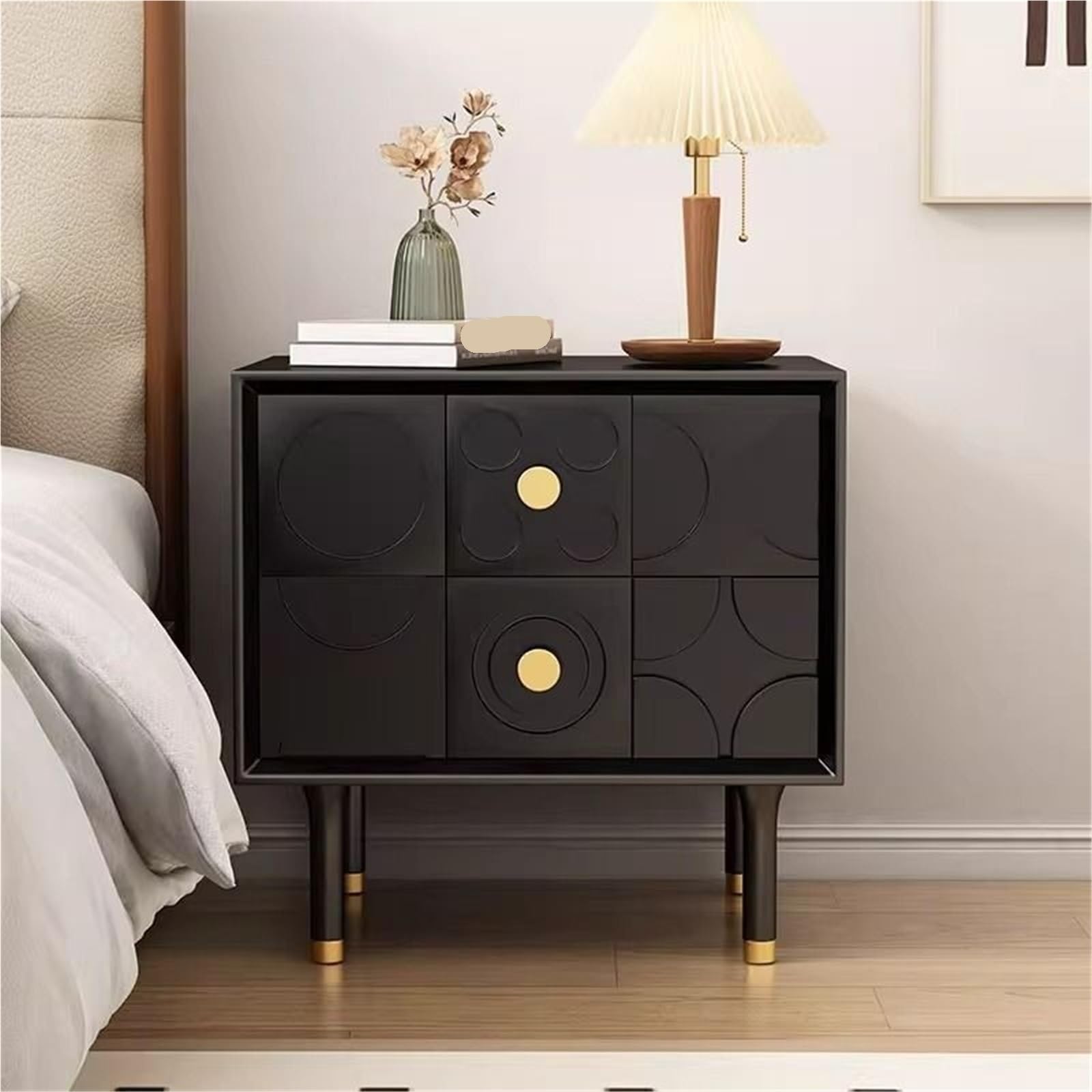 Comodino A Due Cassetti, Creativo Intagliato, Retrò(Black)