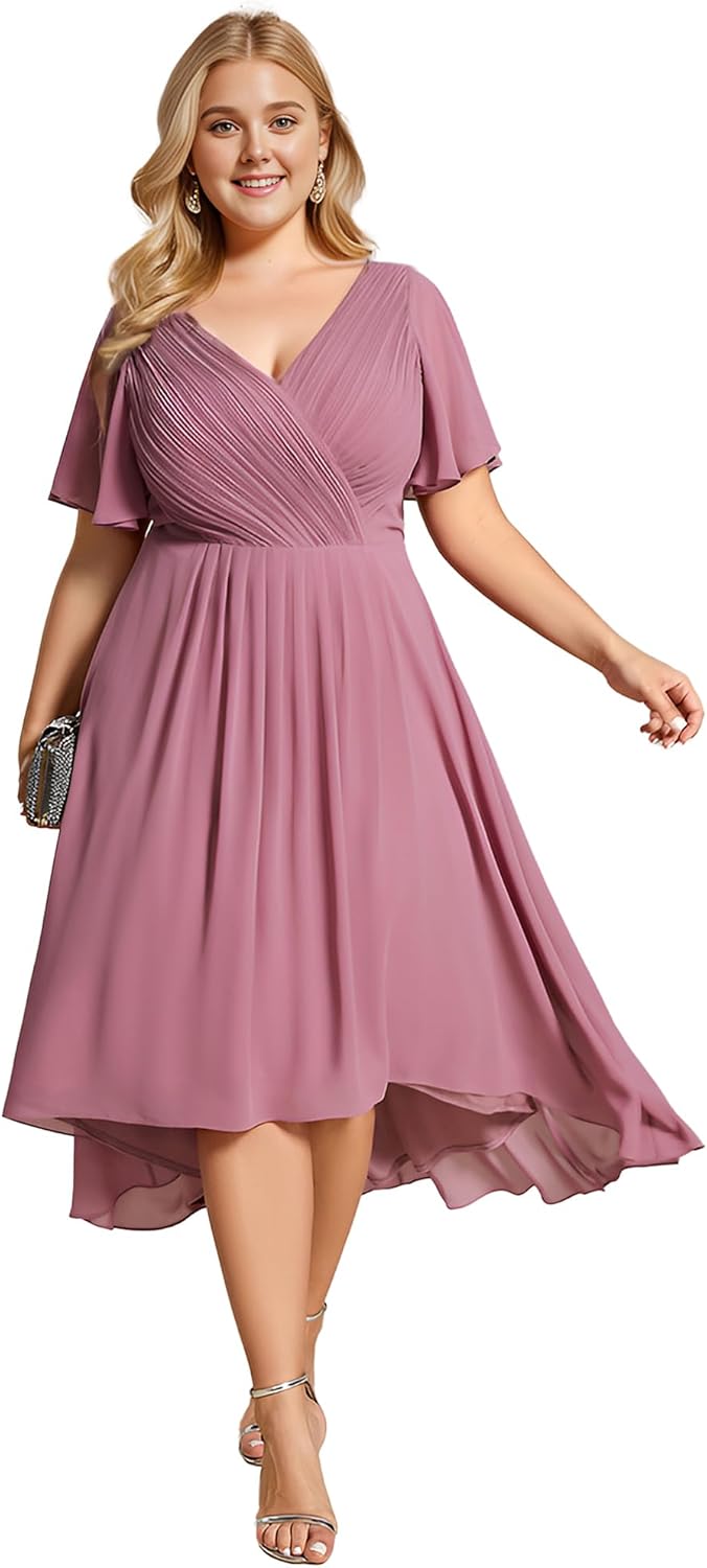 Ever-Pretty A Line V Neck Chiffon Short Sleeves High Low Knee Length Plus Size Wedding Guest Dresses for Curvy Women 01923-DA