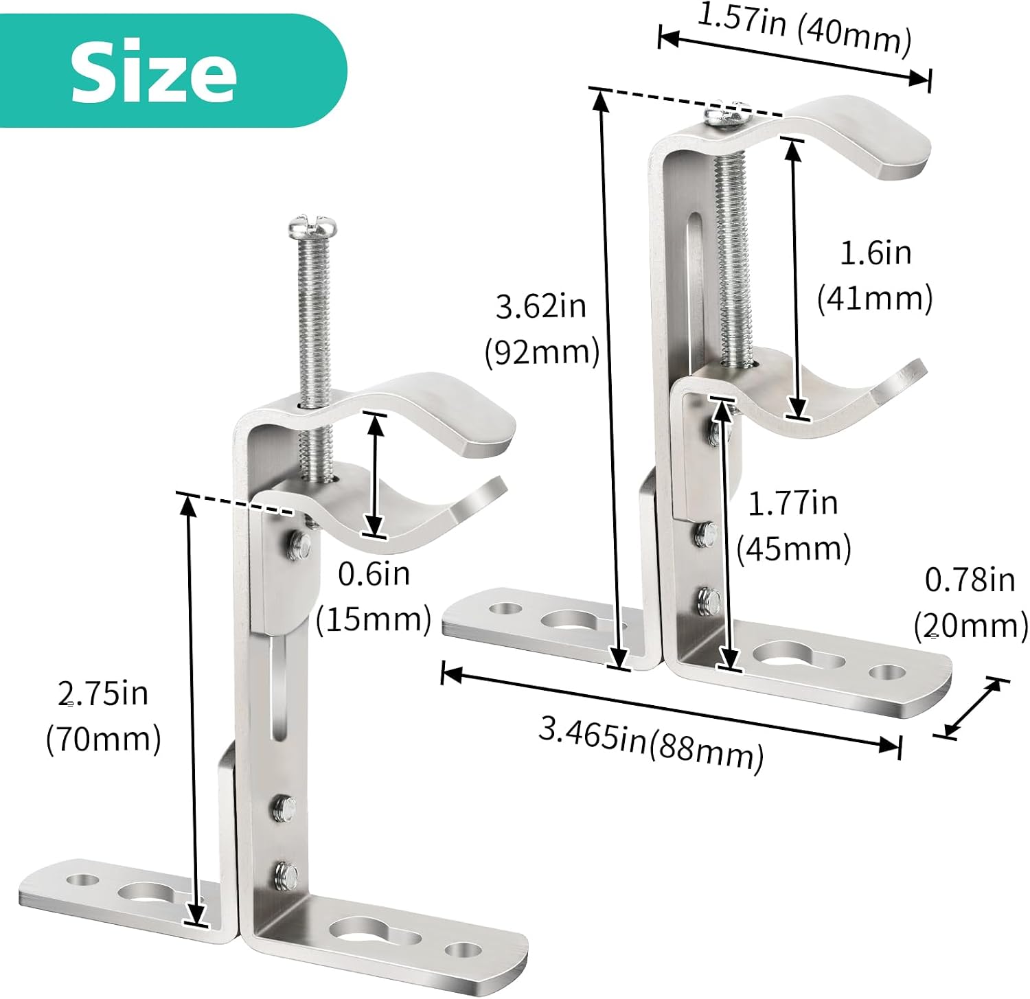 Curtain Rod Bracket, Adjustable Curtain Rods Holders Heavy Duty Ceiling Wall Mount Curtain Rod Hooks Hangers for 5/8” to 1 1/2” Drapery Rod, 4 Pack Silver