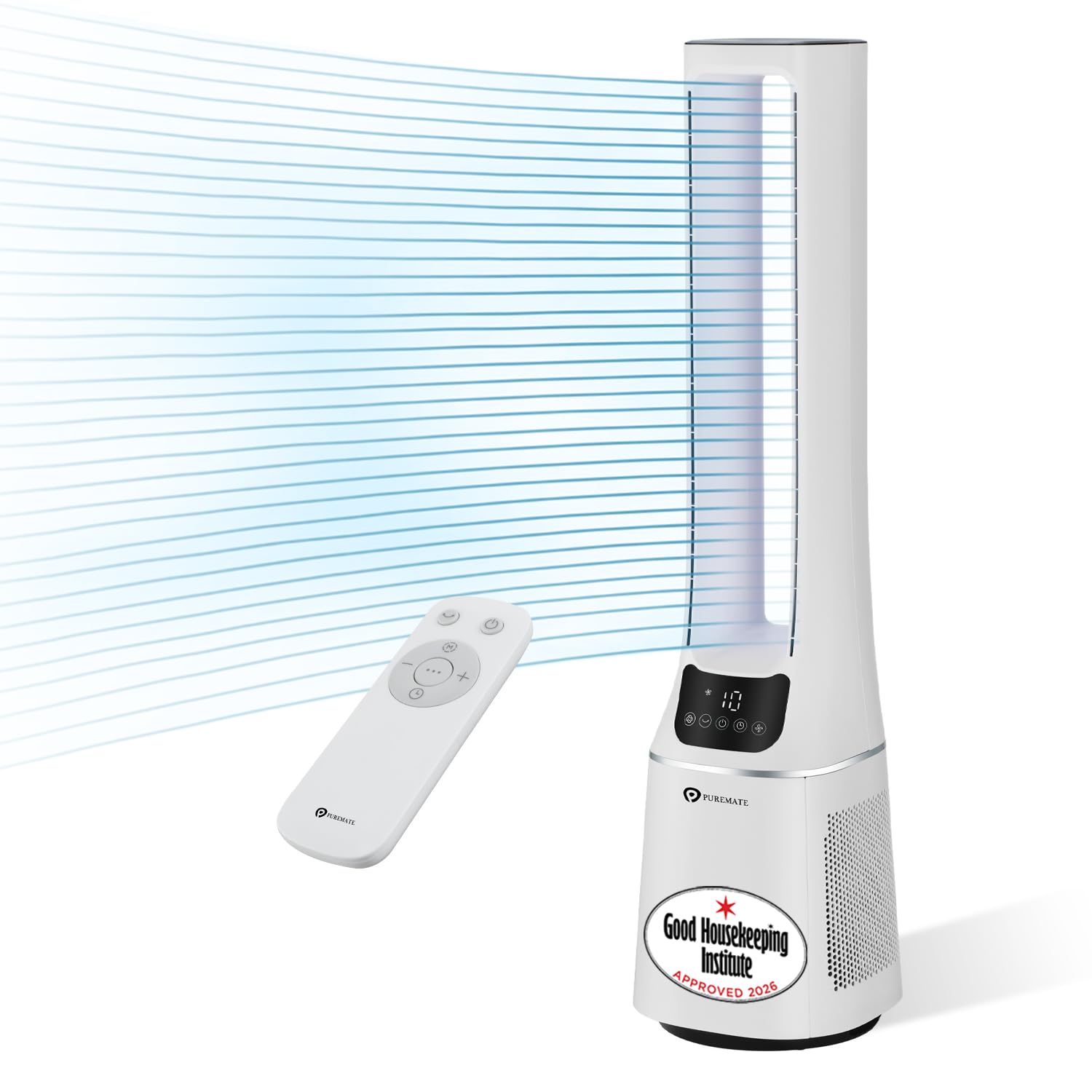 PureMate 2-in-1 Bladeless Tower Fan & air purifier with HEPA Filter, 10 Speed Settings, Portable Ultra Quiet Standing Fan with Remote Control, Digital Display, Powerful Air Cooling for home & office — image 1