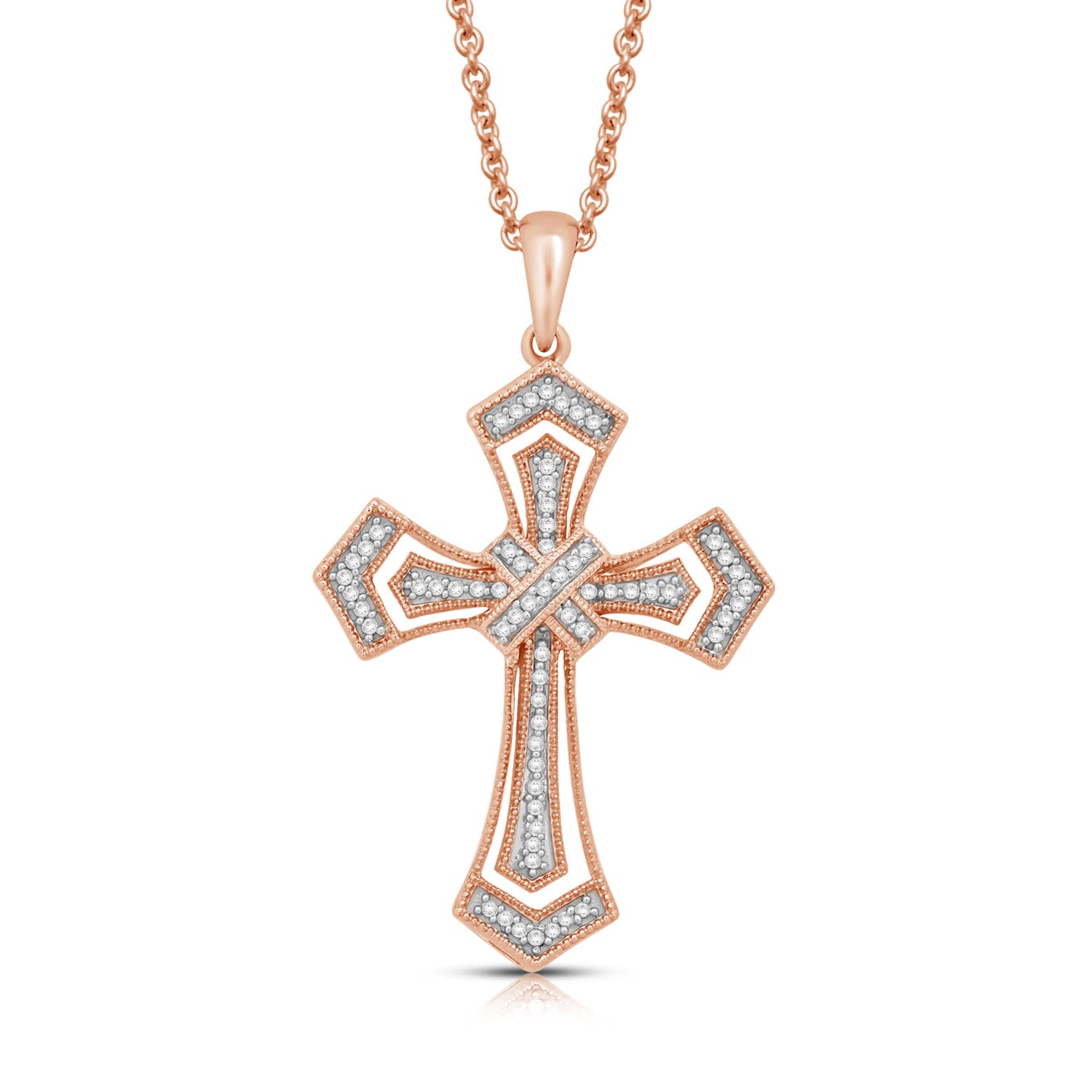 'Jewelili Gold Plated Silver or Sterling Silver 1/5 Cttw Natural White Round Diamond Cross Pendant Necklace, 18'' Rolo Chain'
