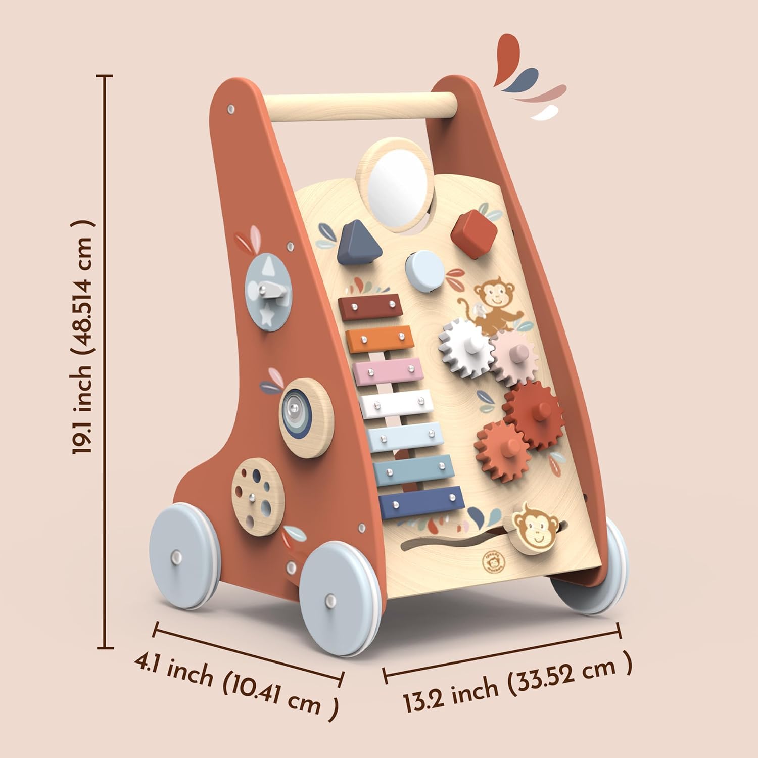 Speedy Monkey Multi-Activity Wooden Baby Walker | 9-in-1 Toddler Toy Includes Shape Sorter, Bead Maze, Xylophone, Blocks & More | Learning Toy for Fine Motor Skill, Early Development & Balance