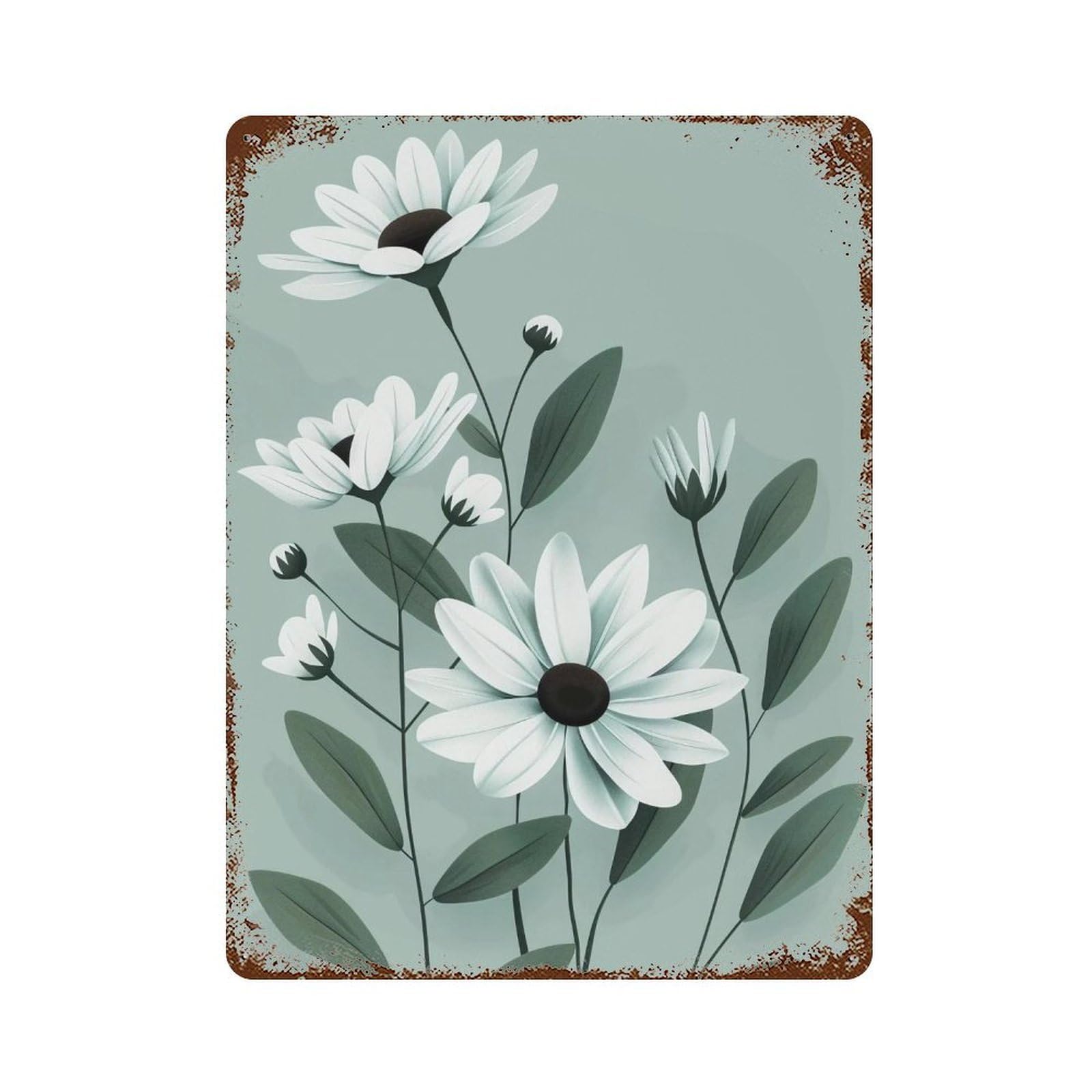 WUJHGRSG Mint Tone Minimal Flat White Blossom 01 Wall Art Retro Iron Vintage Metal Tin Sign Poster Modern Decor for Home Cofffee Club Bar Shop Style 40x30cm