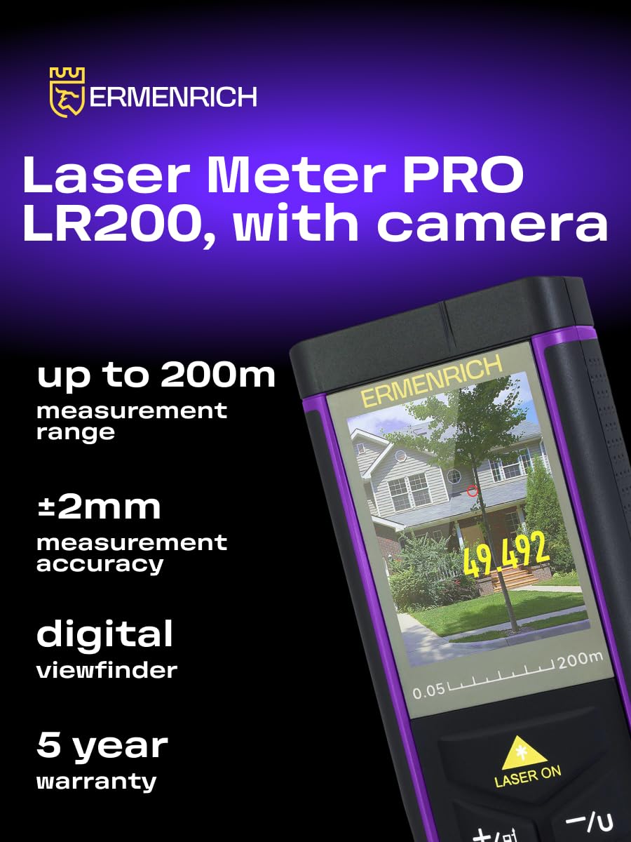 Télémètre Laser Ermenrich Pro LR200 Mètre Laser Numérique avec Caméra | Écran LCD Rétroéclairé, Mesure Distance, Surface, Volume et Angle, Fonction Pythagore, pour Intérieur et Extérieur