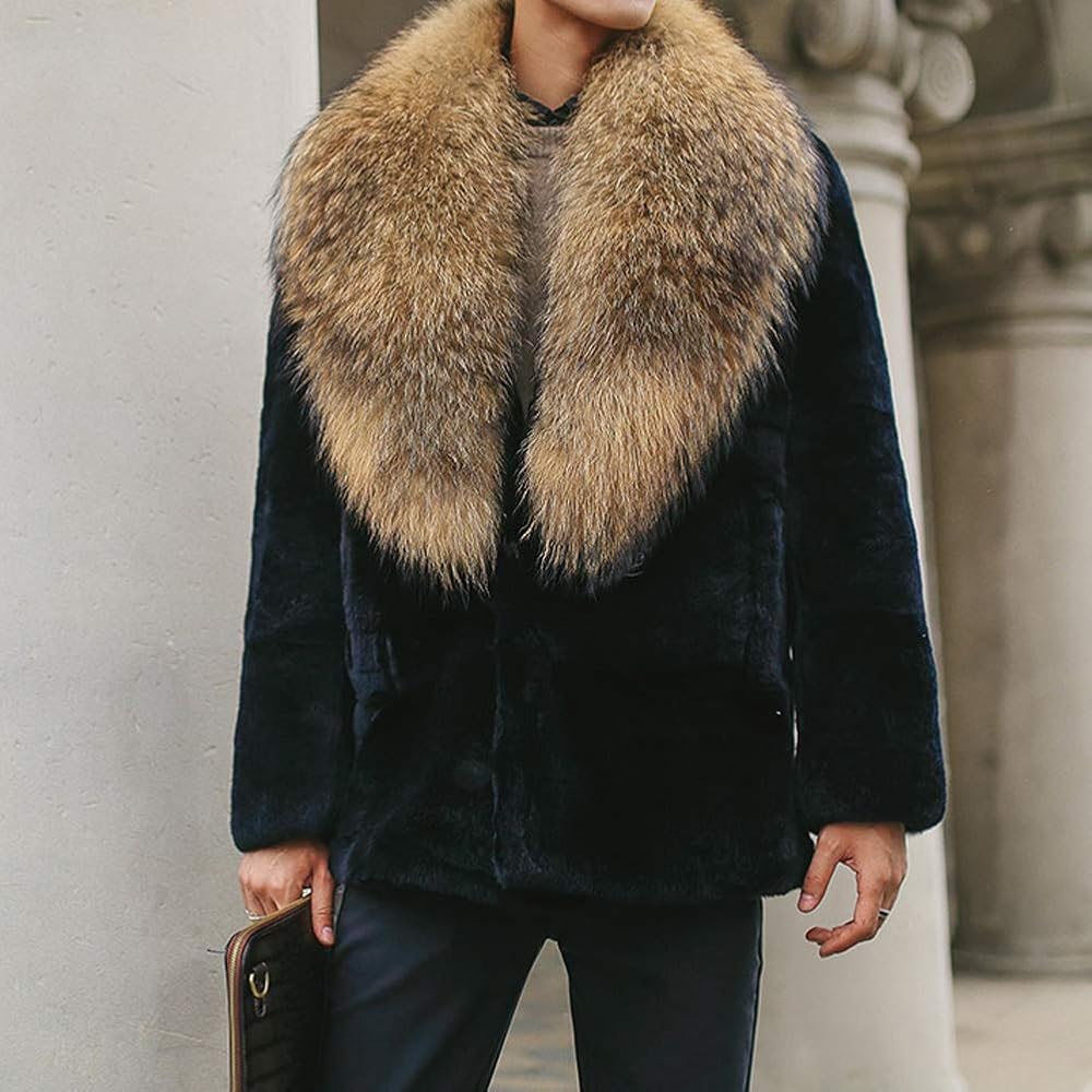 Denny&Dora Mens Fur Coat Super Big Raccoon Fur Collar Rex Rabbit
