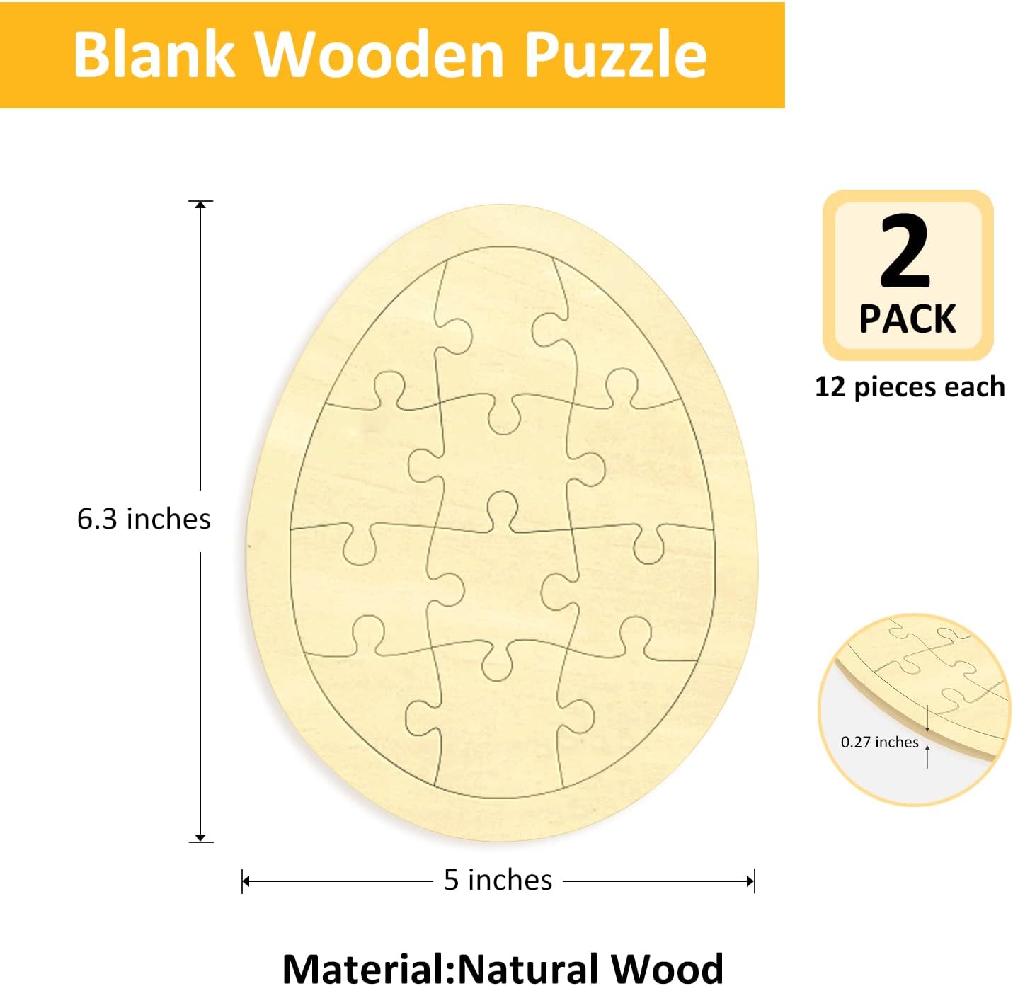 Easter Egg Blank Puzzle with 12 Pieces to Draw on Pack of 2, Each Piece is Unique, Blank Wooden Jigsaw Puzzles with Tray for Crafts & DIY, Custom Puzzle 5x6.3 Inches
