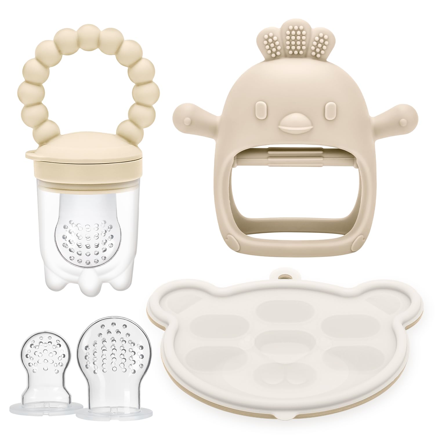 CLDY Baby Fruit Food Feeder & Breastmilk Popsicle Freezer Molds, Baby Food Dummy Feeder, BPA Free Silicone Teether for Toddler Infant for 3 Month+ Toddler Teething & Infant Self Feeding (Beige)