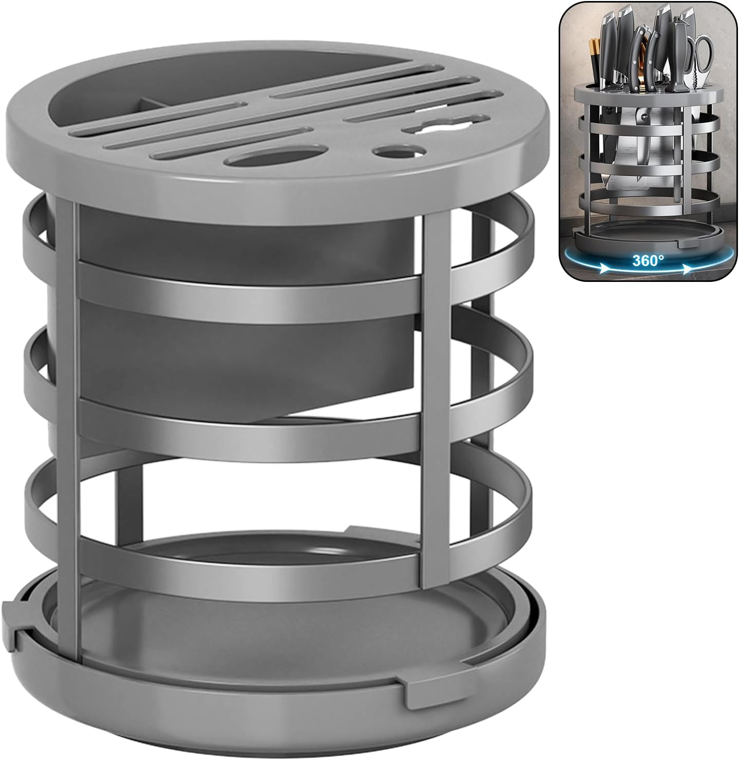 Universal Knife Holder and Kitchen Utensil Holder, KoudHug Knife Block Without Knives Stainless-Steel and PP Knives Storage 10 Slots with Rotating Countertop Large Capacity Knife Organizer (Grey) Gray