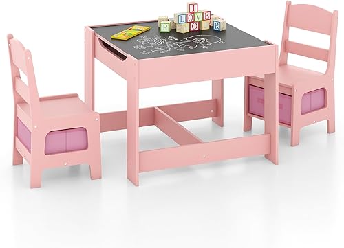 KOTEK Juego de mesa y 2 sillas de madera para niños con pizarra y cajones de almacenamiento, mesa de actividades múltiples para niños para aprender,