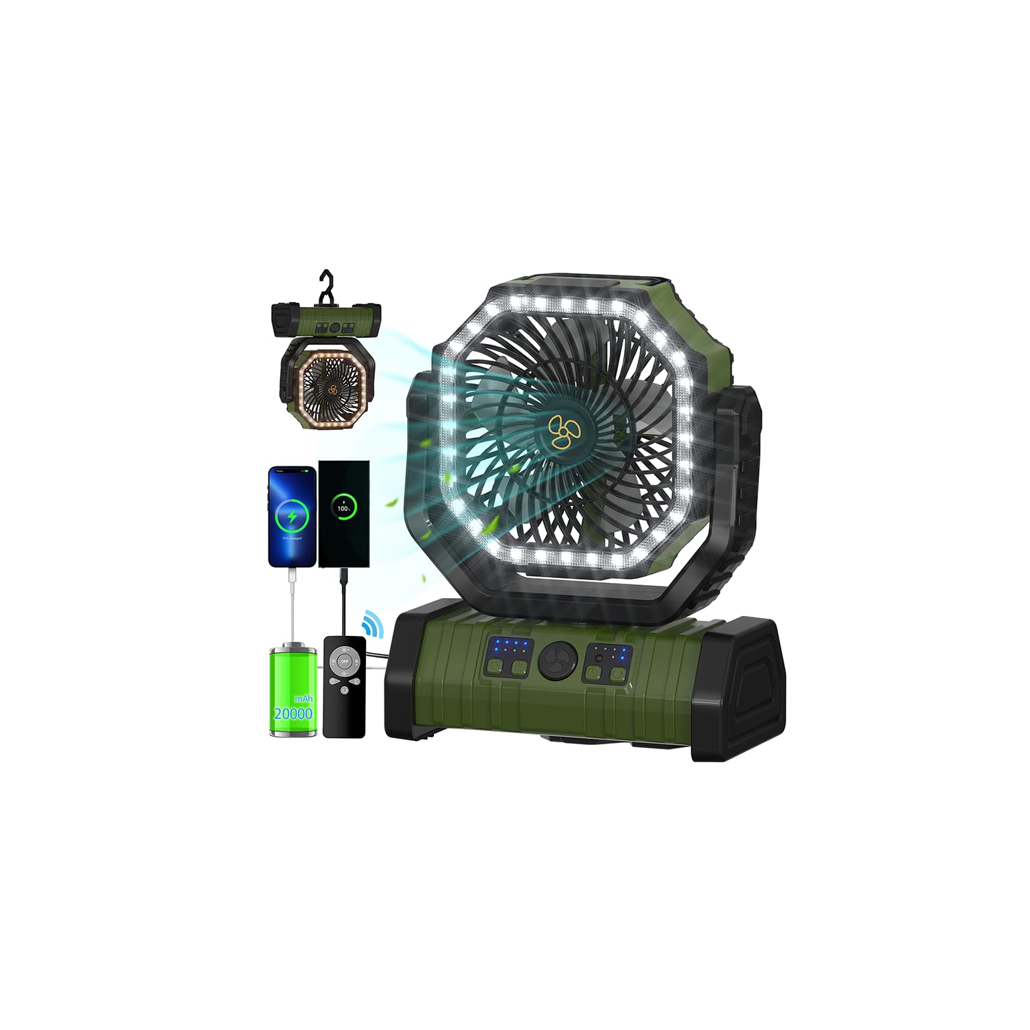 ADUST Ventilador de camping alimentado por batería con luz LED, ventilador portátil recargable de 20000 mAh, ventilador de escritorio oscilante inalámbrico USB con gancho giratorio para colgar en