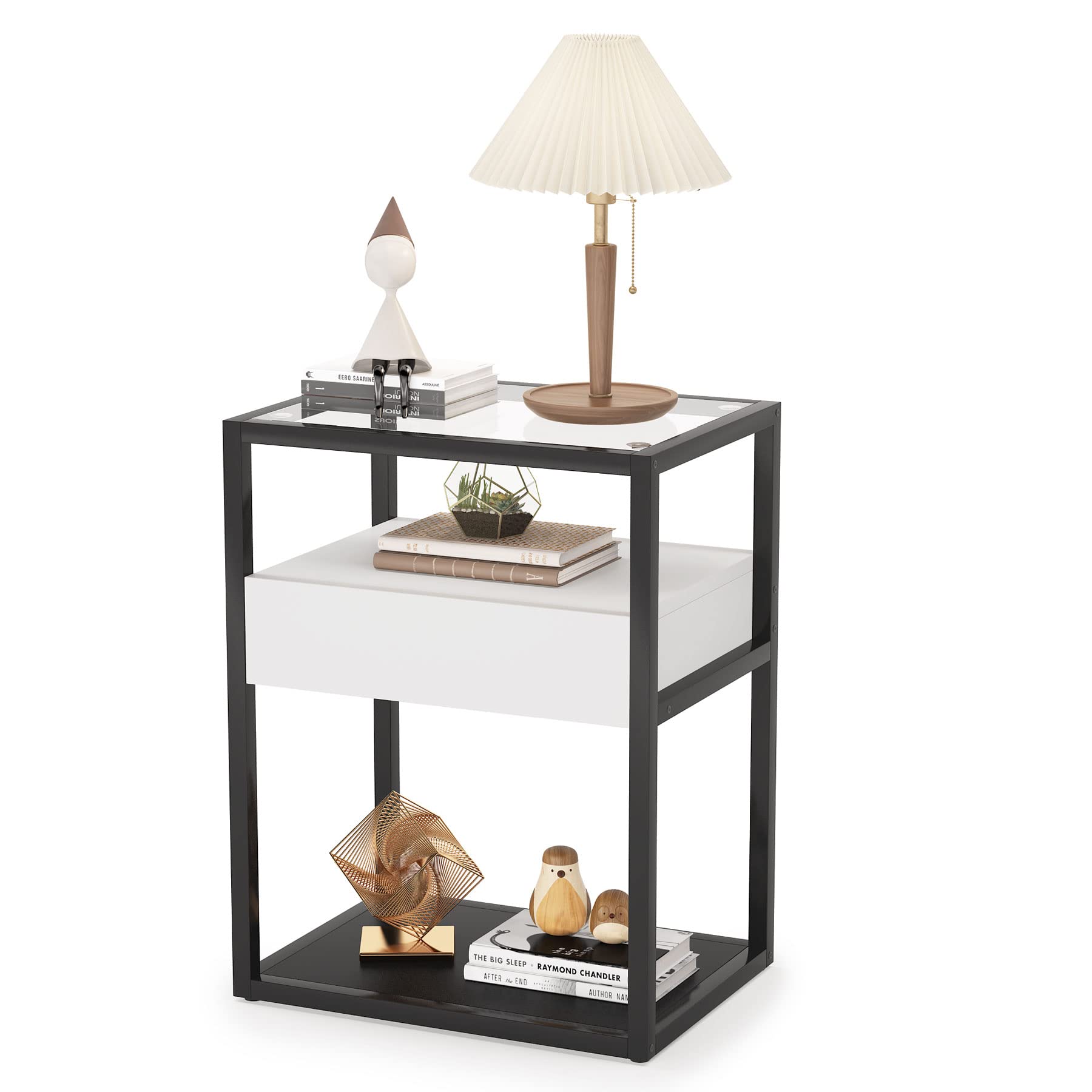 Photo 1 of **SEE NO(TES**
LITTLE TREE Nightstand with Drawer and Storage Shelf, Bedside Chair Side End Table for Bedroom, Living Room White+black