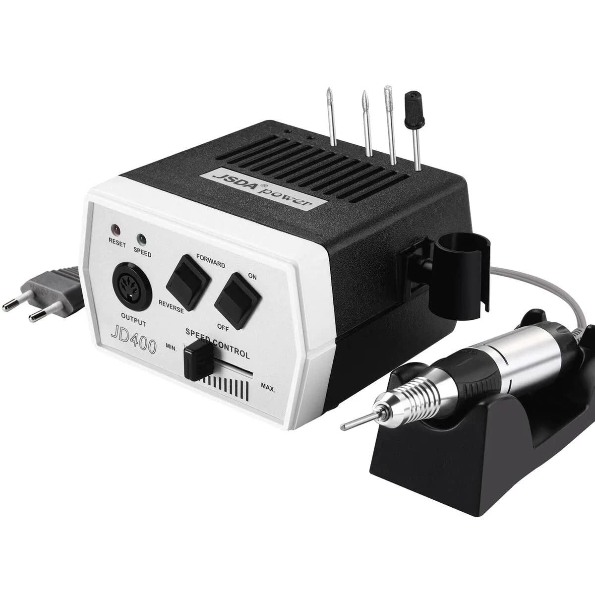 Nagelfräser elektrisch JSDA® JD 400, Profi 30000 U/Min, Set Nagelfeile Maniküre Pediküre Gelnägel, Fräser inkl 4 Aufsätzen, Acrylnägel, 4 Bits, Hornhautentferner, Privat &Studio