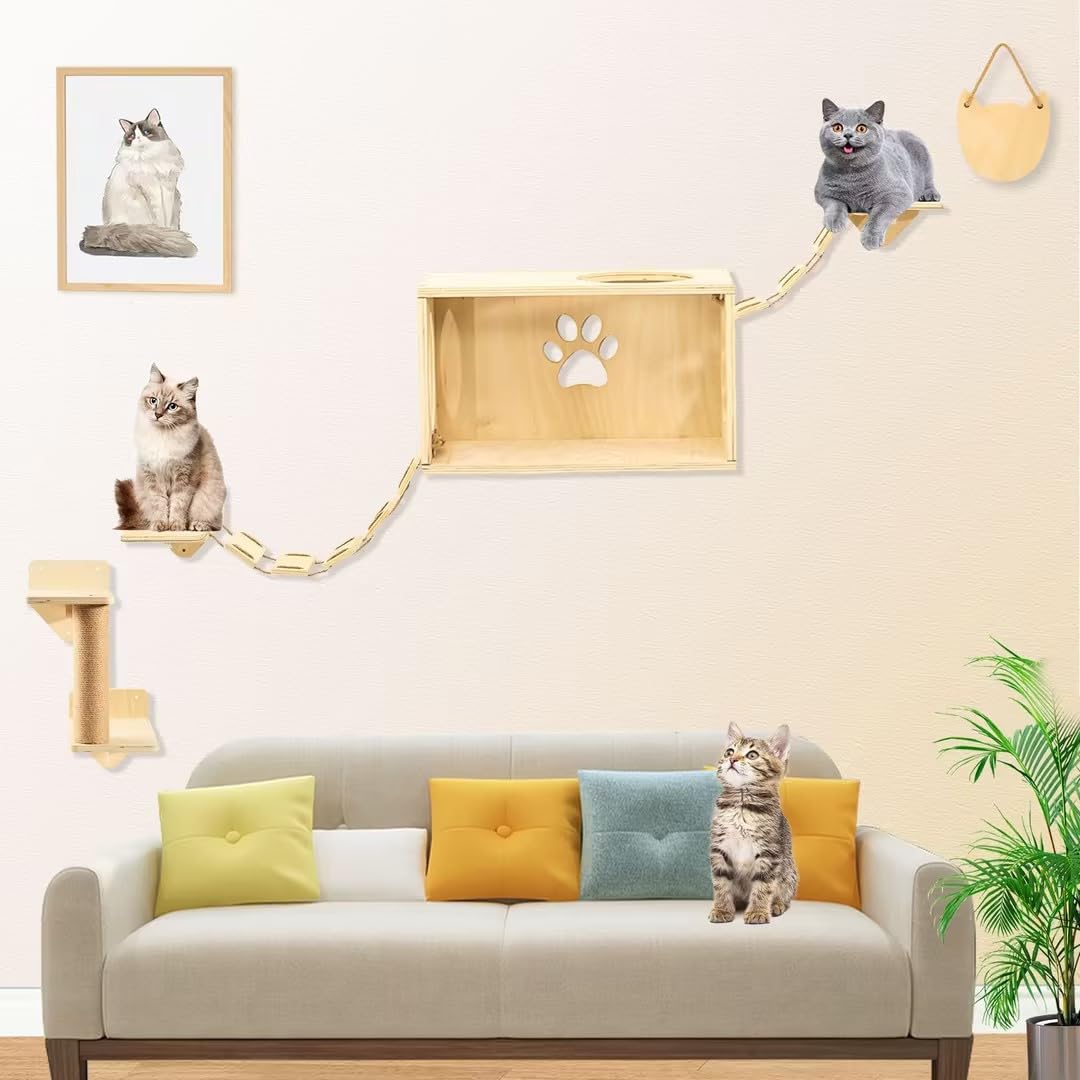 Cat Wall Furniture Set - Cat House with 2 Bridges, Cat Step with Cat Scratching Post, Cat Condo Cat Wall Shelves for Cat Wall Mounted Cat Tree