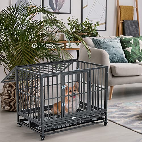Pawhut 36" Heavy Duty Dog Crate Metal Cage Kennel With Lockable Wheels, Double Door And Removable Tray, Grey #TOP1