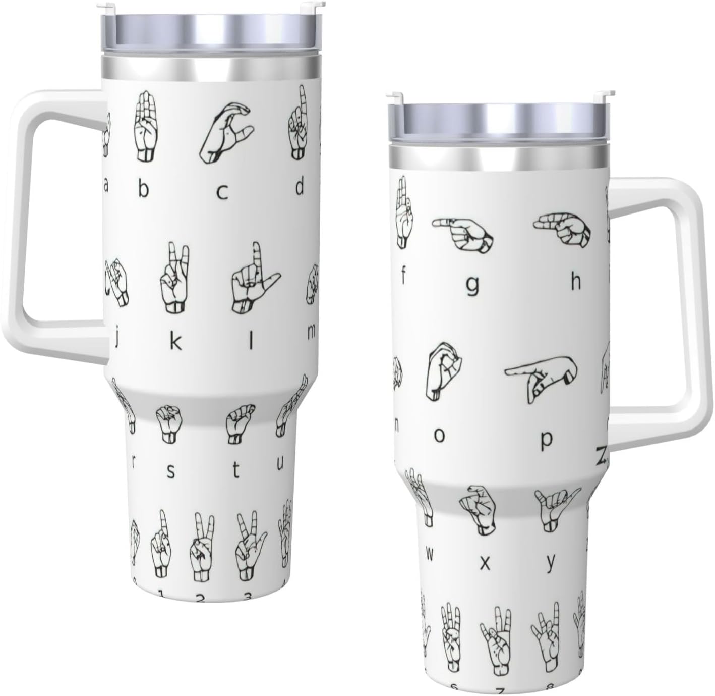 40 OZ Sign Language Alphabet. Print Ice Bully Cup with Handle Straw Lid Straw,Stainless Steel Tumbler Coffee Cup