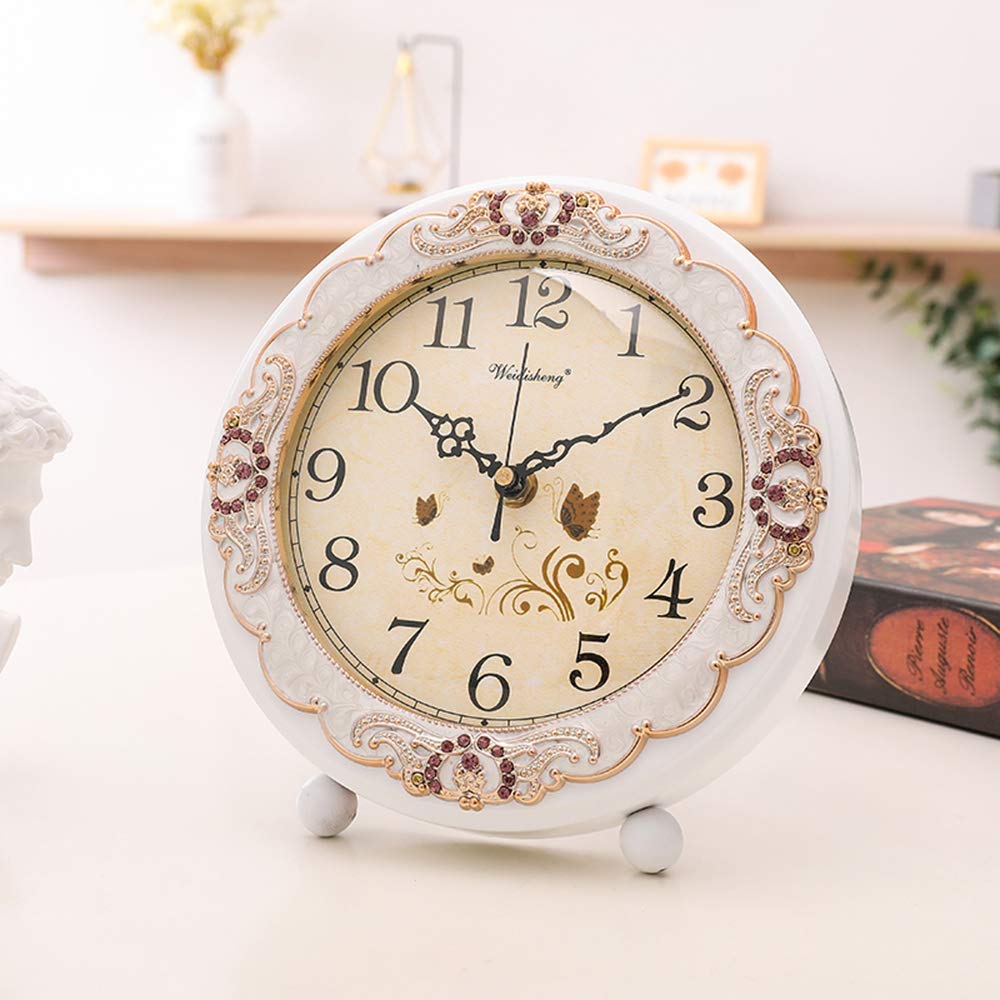 Justup Vintage-Tischuhr, Retro, Nicht tickend, europäischer Stil, Schreibtischuhr, batteriebetrieben, geräuscharmes Quarz-Uhrwerk für Schlafzimmer, Wohnzimmer, Innendekoration (weiß)