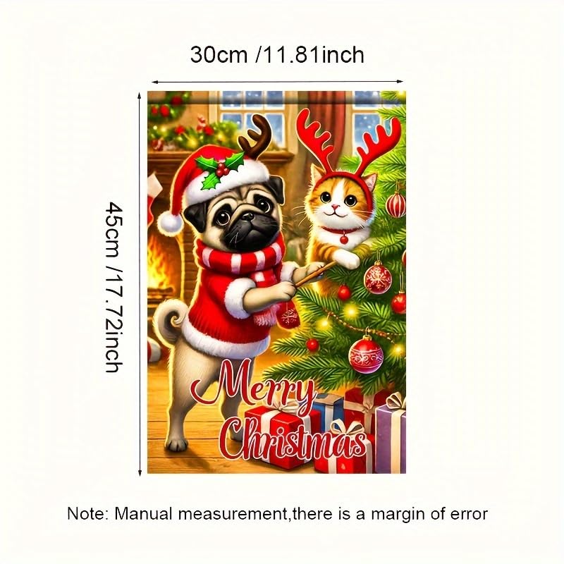 Image of BlissYard Christmas Pug and Cat Garden Flag 12x18 Inch Double Sided Merry Christmas Yard Banner Festive Pug Dog and Cat With Antlers by Christmas Tree Holiday Outdoor Lawn Porch Patio Pathway Seasonal Home Decoration