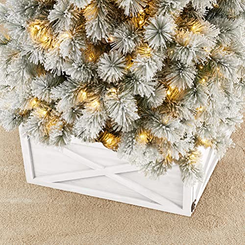 Glitzhome Washed White Wooden Tree Collar Tree Stand Cover Christmas Tree Skirt Tree Box, 32" L X 32" W #TOP4