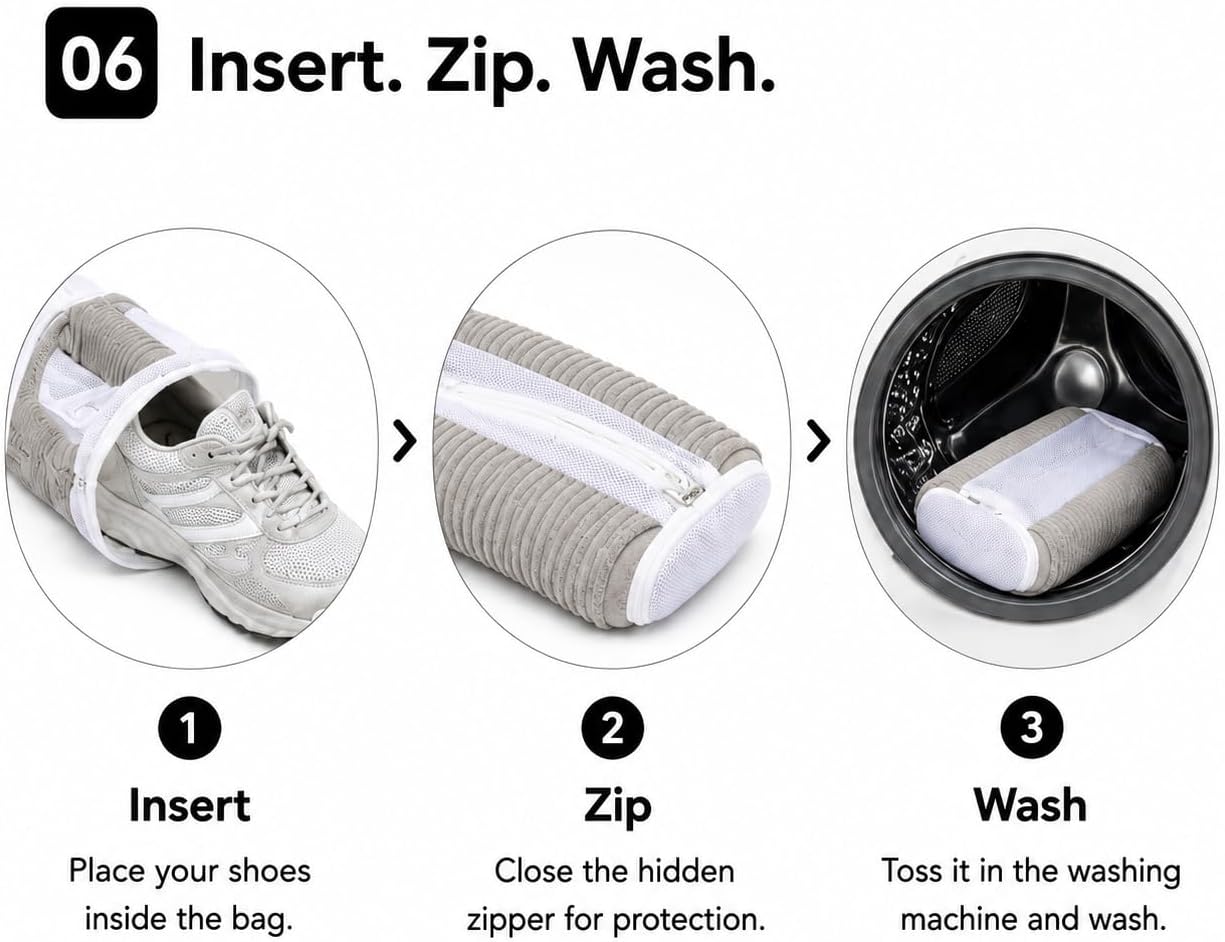 Shoe Laundry Bags for Washing Machine, 2-Pack Reusable Sneaker Wash Bags with Hidden Zipper + 2 Adjustable Shoe Trees for Sneakers, Gym Shoes, Gray