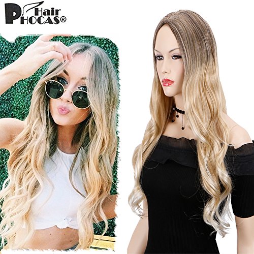 HairPhocas® Fashion Gradient Dark Brown to Bleach Blonde 3-tone Ombre Long Curly Hair Wigs