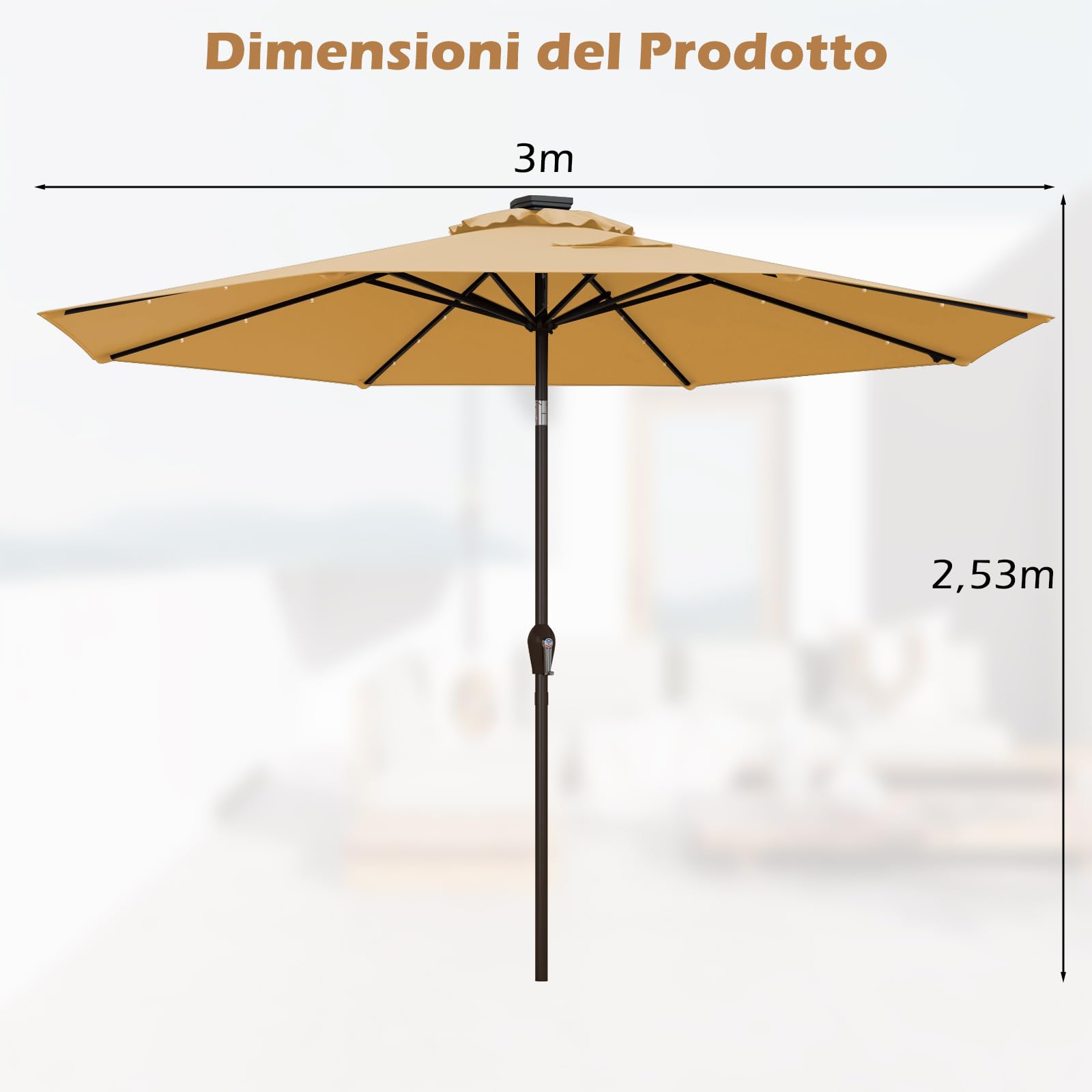 COSTWAY Ombrellone da Giardino da 300 cm, Parasole per Esterno con 24 Luci LED, con 8 Stecche in Metallo, Manovella e Inclinazione Regolabile, per Giardino, Coltile, Piscina (Beige)