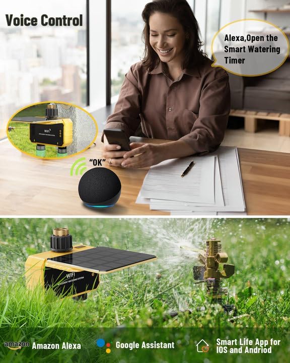 A woman using voice commands with an Amazon Echo Dot to control the Emdoro Smart WiFi Water Timer, which is installed on a faucet in a garden.