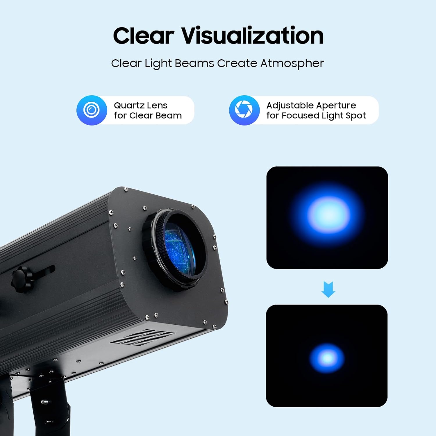 230W Stage Spotlight, LED Spotlight Follow Spot Light DMX and Manual Control Stage Light Adjustable Aperture DJ Wash Light w/Stand, Professional Performance Lights for Event Production, Black