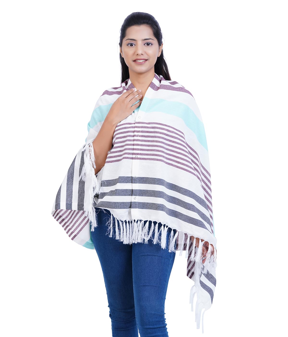 Mothers Breast Feeding Shawl/Nursing Cover Outdoor 360 Protection Feeding Cloak Striped Fringed Scarf, Cotton, Multicolour (Maroon)-image-1