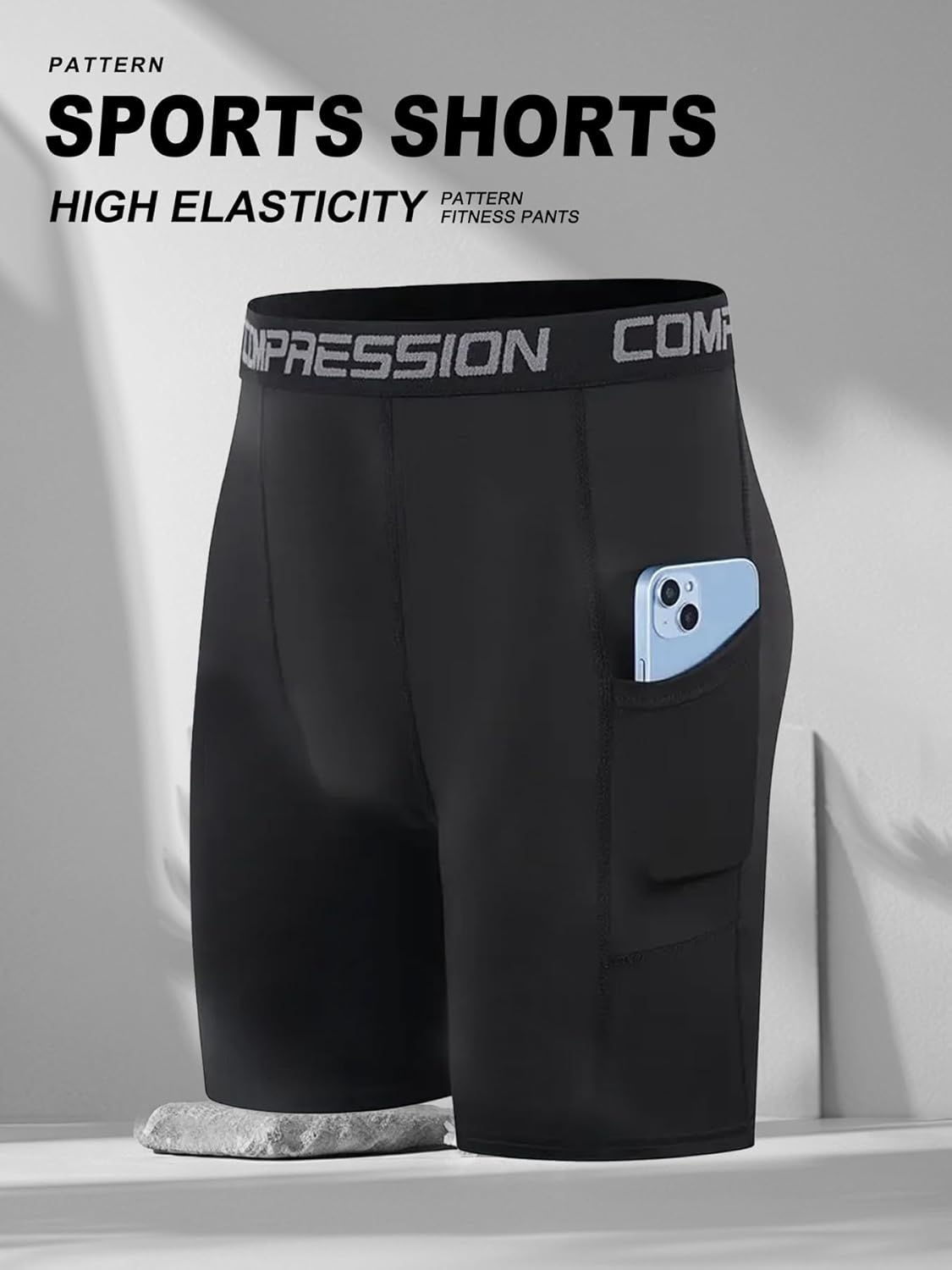 Men’s Compression Shorts,with High Elasticity and Pocket, Breathable Athletic Fitness Pants for Running and Training