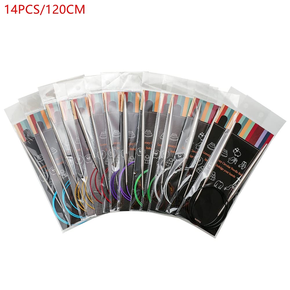 14PCS/Set 40-120CM Stainless Steel Knitting Needles Circular Double Point Knitting Needles Hooks DIY Weave Tools (14PCS 120CM)