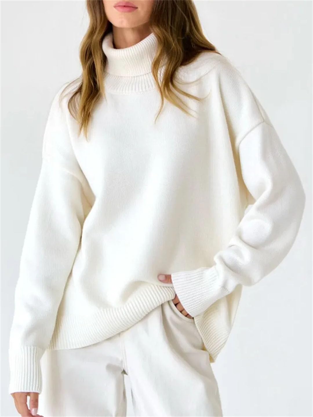 Maglione da donna a collo alto lavorato a maglia, maglione oversize