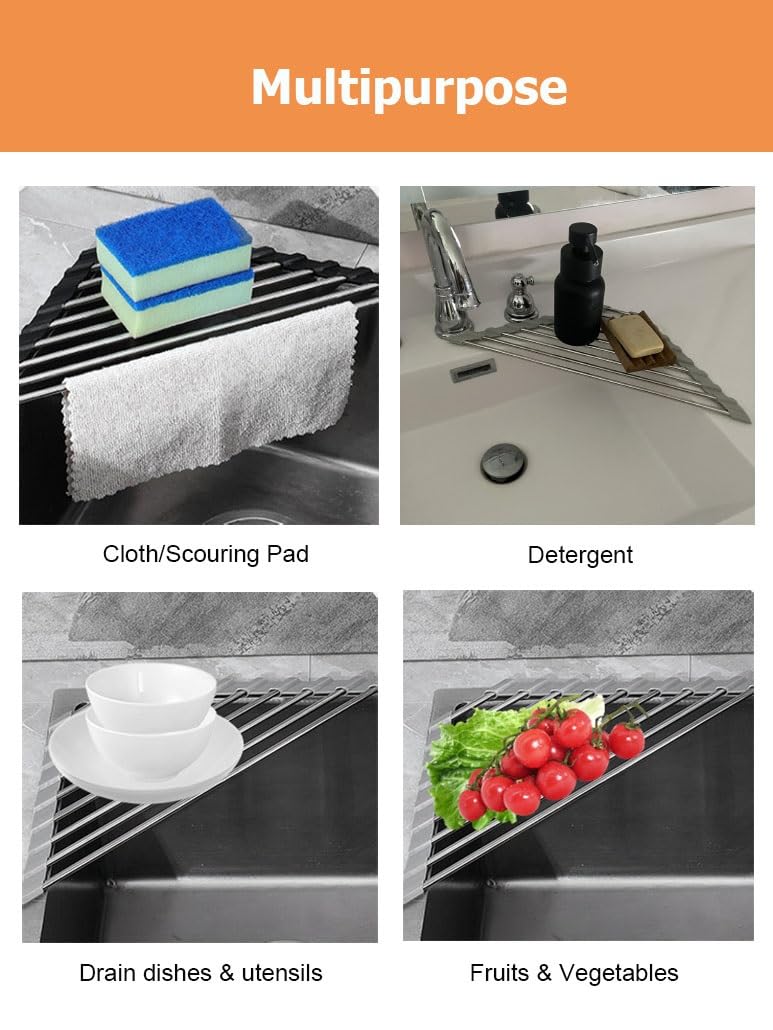1 2 4 6 8 Paquetes Organizador de fregadero de esquina para cocina, escurridor de platos enrollable triangular sobre el fregadero, alfombrilla escurridora, soporte antideslizante para esponjas, estan