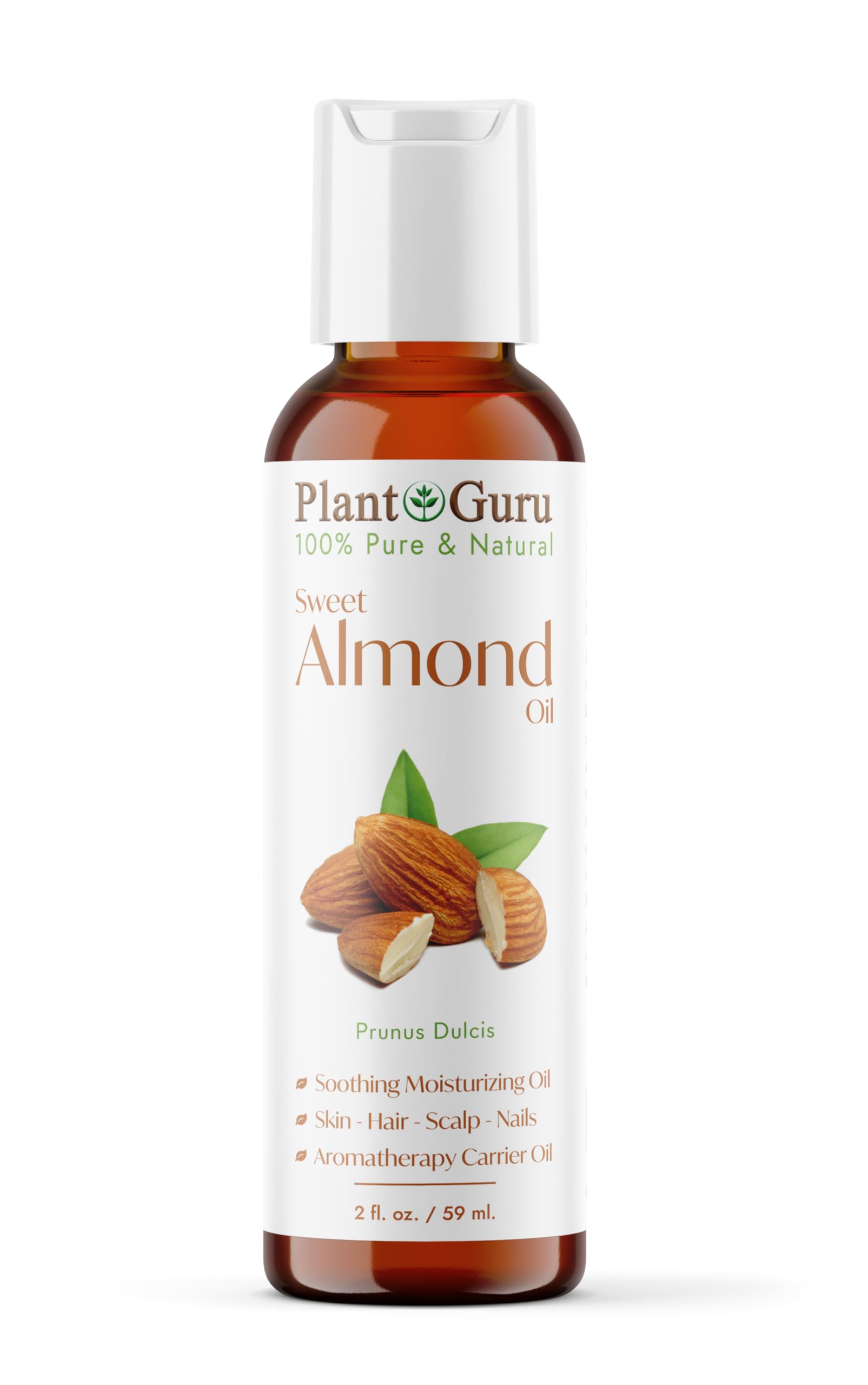 Plant Guru Sweet Almond Oil 2 fl. oz. Cold Pressed Carrier 100% Pure Natural For Skin, Body, Face, and Hair Growth Moisturizer. Great For Creams,