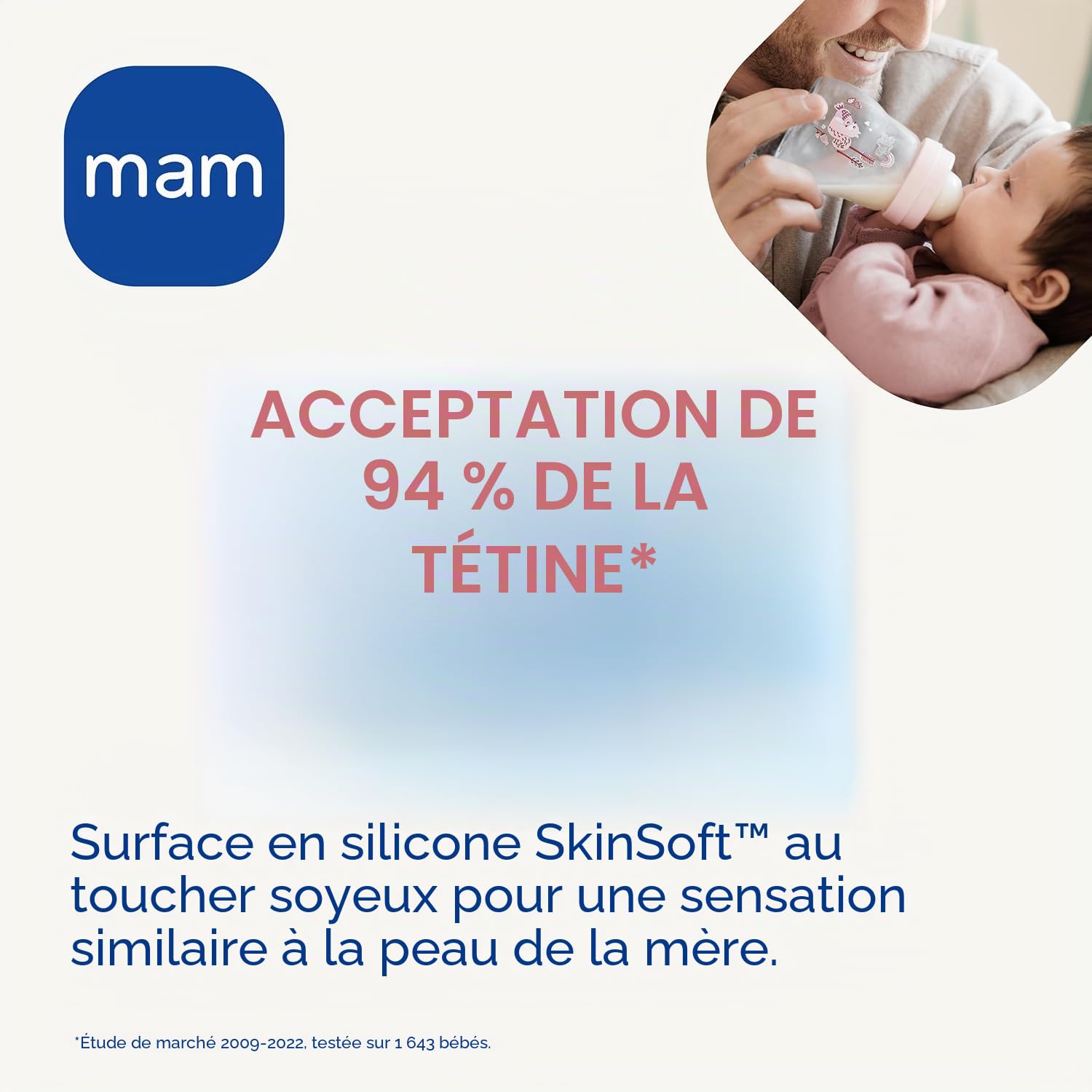 MAM Biberon en verre, 2-4 mois, 260 ml, avec tétine 2 de débit moyen en silicone, facile à nettoyer, Feel Good, bleu, lot de 1