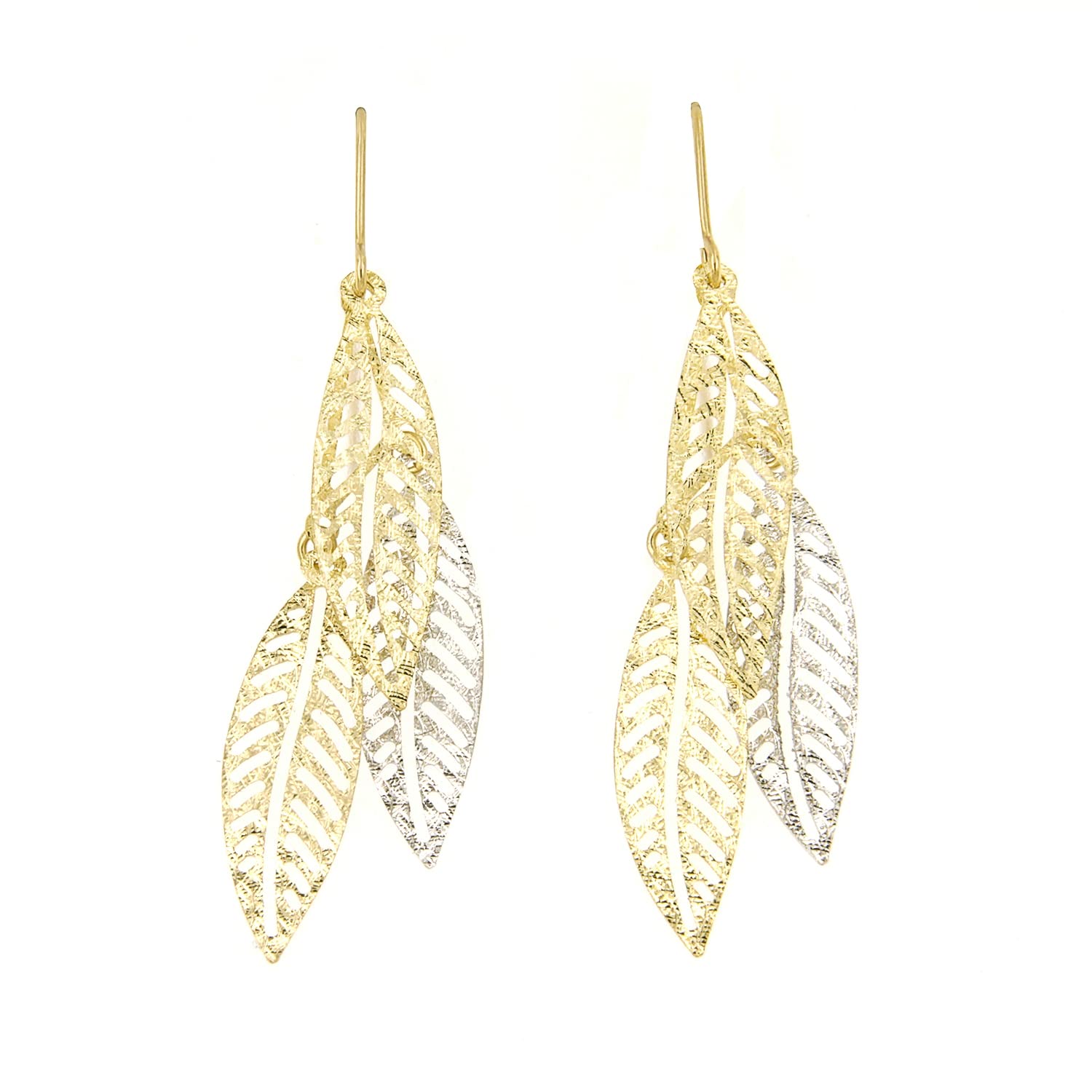 forme di LucchettaPendientes de Oro Blanco y Amarillo de 9 Quilates - Diseño de Hojas - Joyería de Lujo Hecha a Mano en Italia