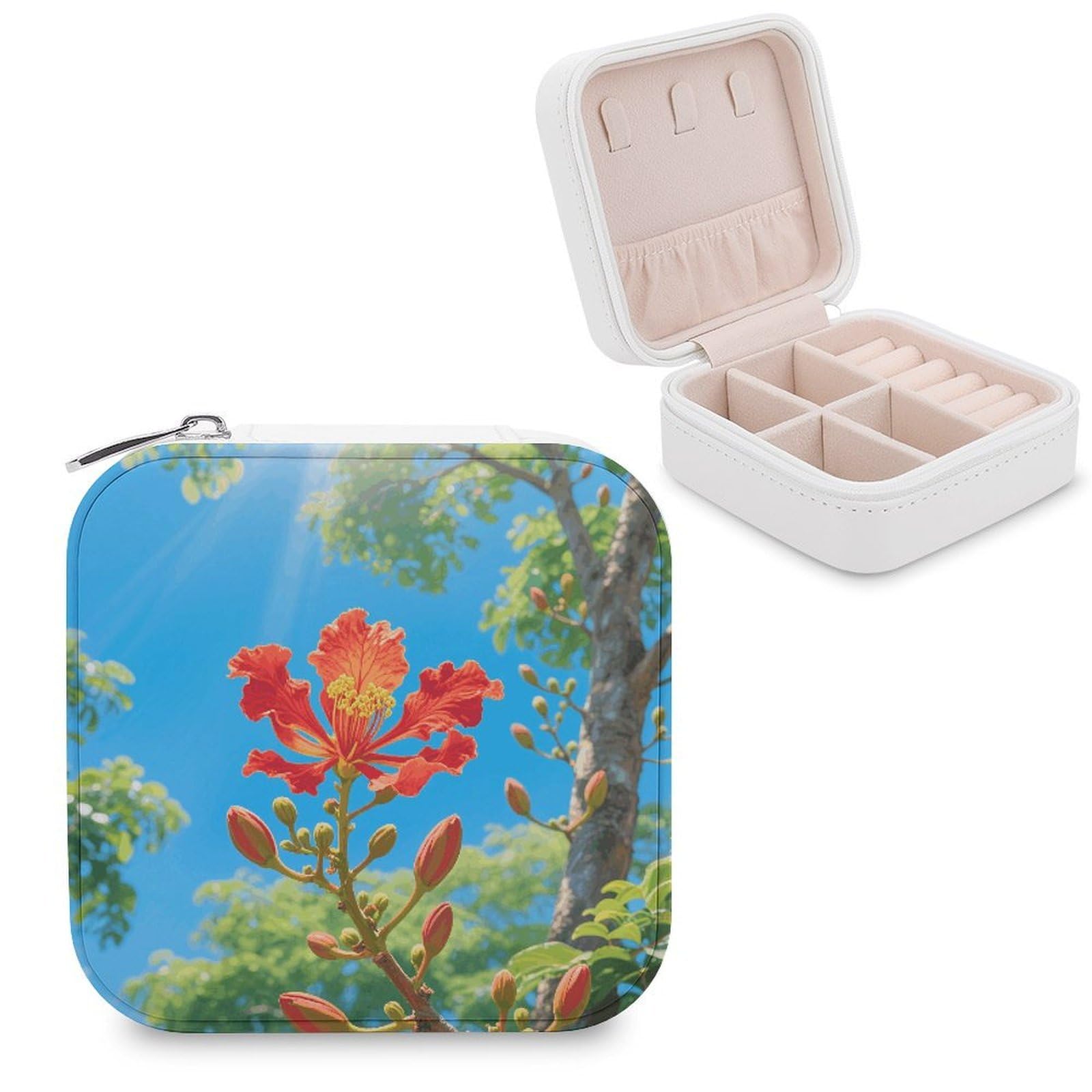VstaDank Tropical Plant Flowers Jewelry Organizer Travel Case for Women With Zipper Mini Jewelry Case PU Leather Jewelrys Box for Rings Necklaces Bracelets Earring Holder Organizer Storage