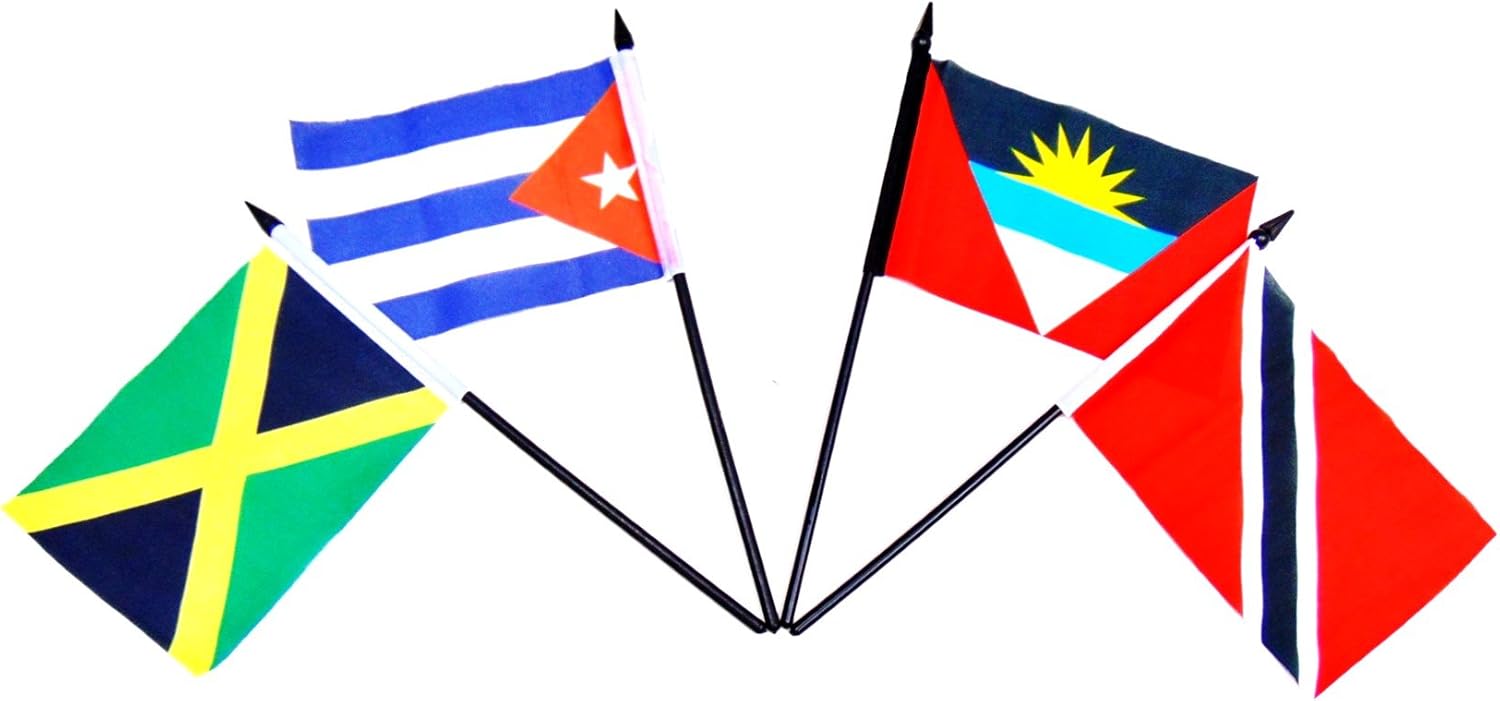 Caribbean Islands World Flag Set with Base 20 Miniature Polyester Desk & Table Flags (4" x 6")