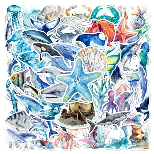 50 Pcs Watercolor Marine Life Stickers - Waterproof Vinyl Ocean Creature Decals (Dolphins/Whales/Turtles Styles) for Skateboard Laptop & Luggage(Marine Bio-50)