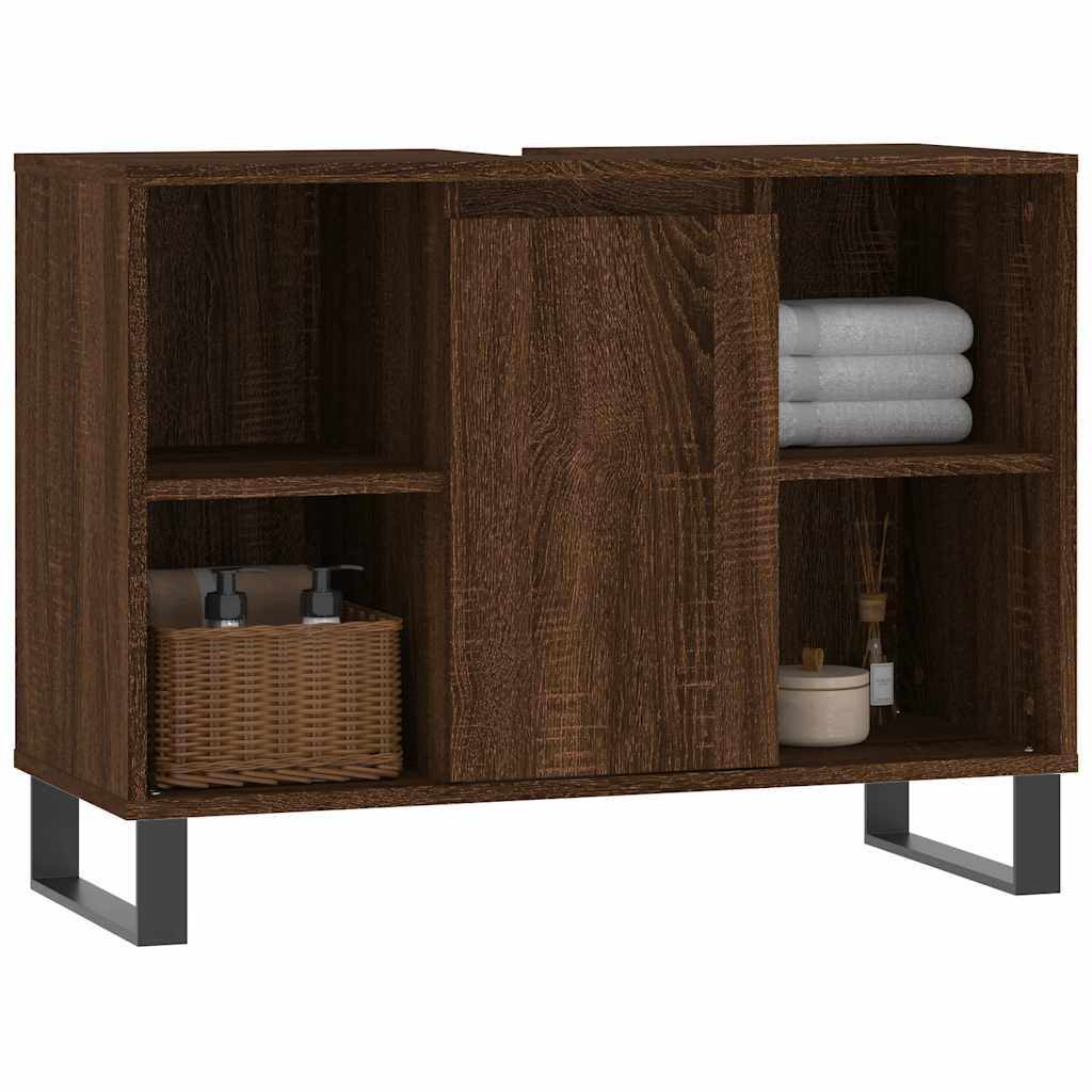 Szafka łazienkowa, brązowa, imitacja dębu, wykonana z materiału drewnopochodnego, 80 x 33 x 60 cm, 1 drzwi i 4 otwarte półki, żelazne nóżki, elastyczna konstrukcja drzwi, miejsce do