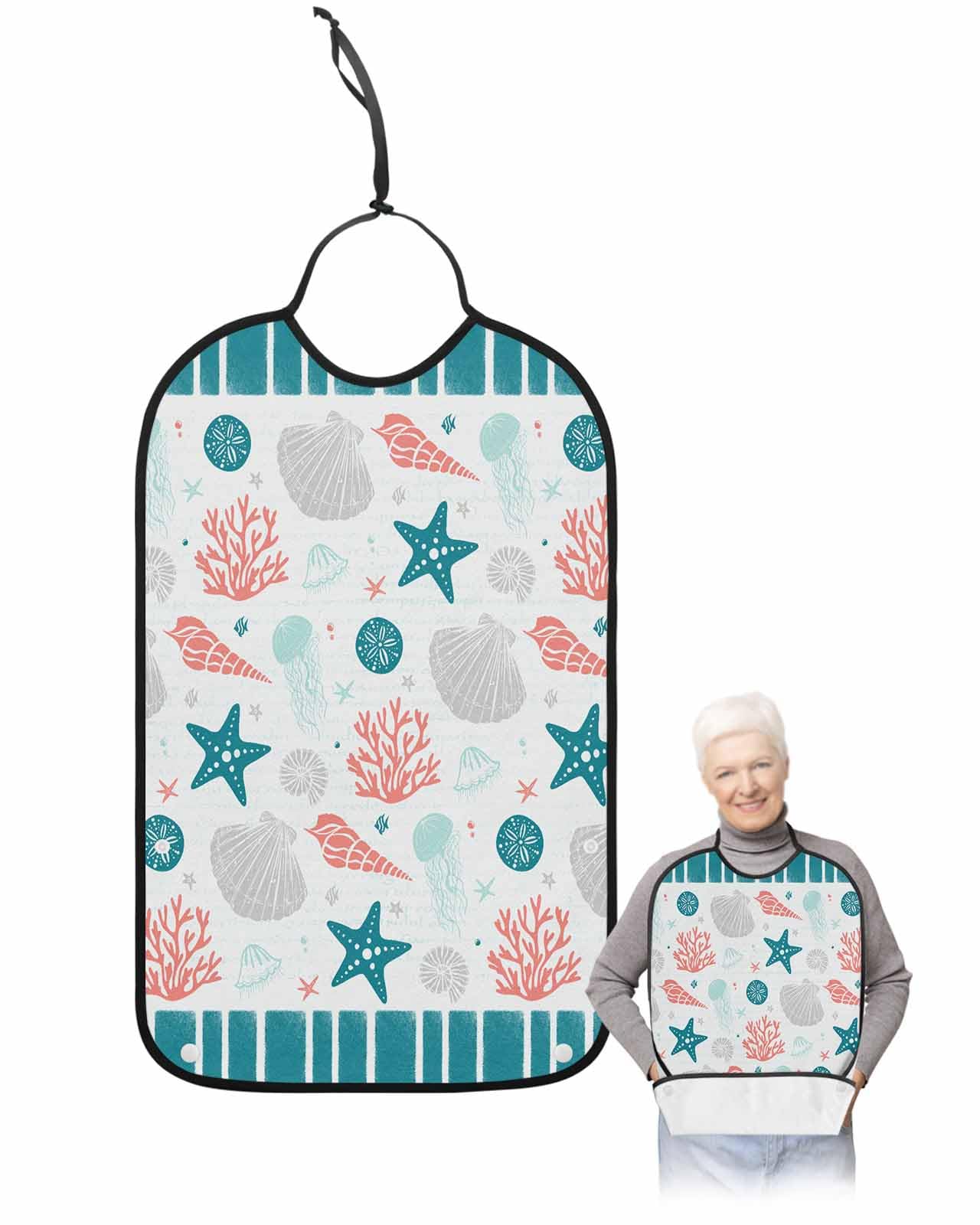 LEOKOTI Teal Red Coastal Adult Bibs for Eating, Waterproof Bibs with Food Catcher & Adjustable Snap Closure, Ocean Nautical Starfish Coral Striped Washable Clothing Protectors Adult Bibs for Elderly