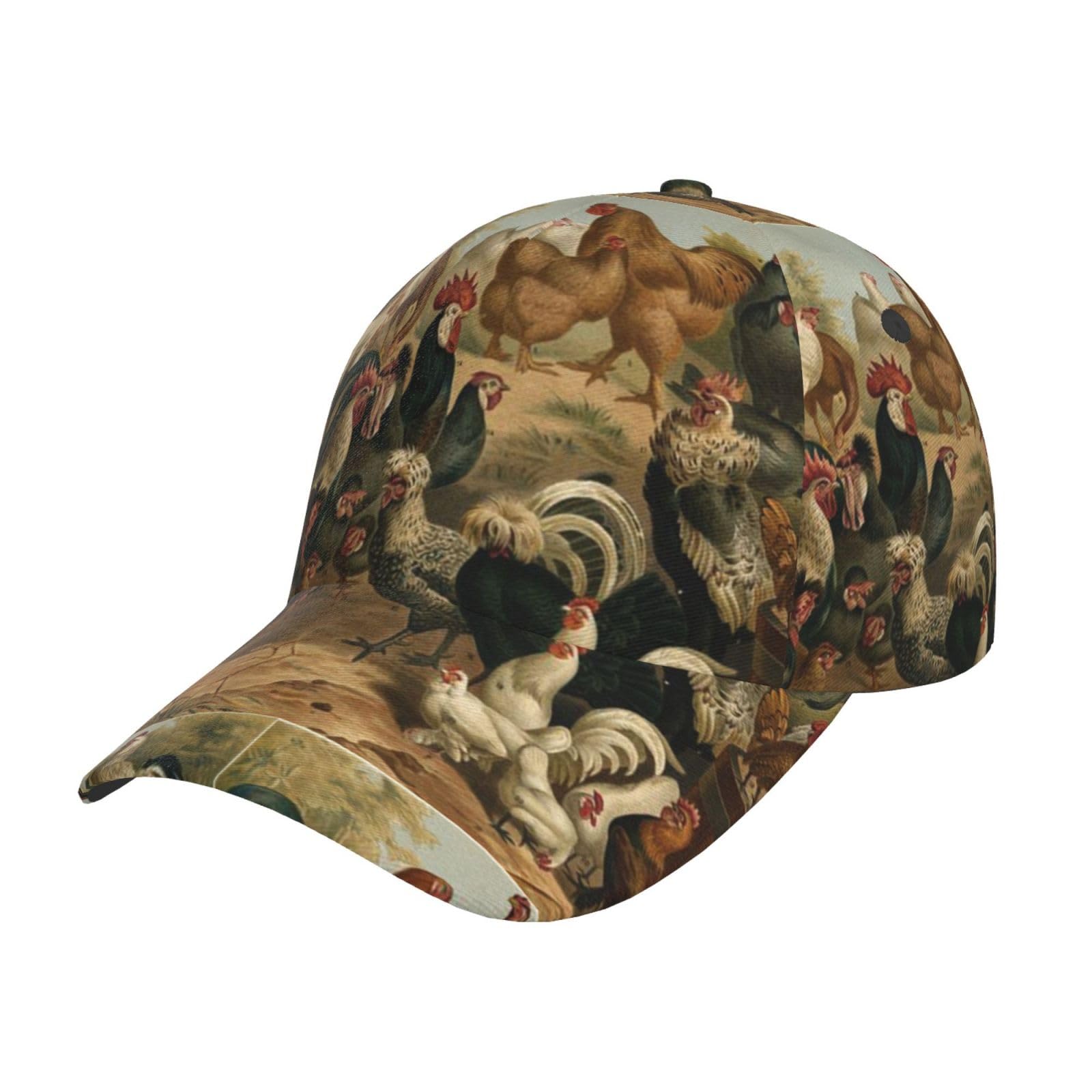 HYSDPUZK Chicken and Rooster Print Print Tylish Curved-Brim Baseball Cap - Full Print Polyester Hat for All Seasons and Genders