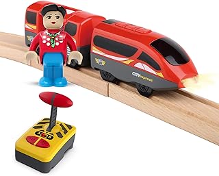 Battery Operated Locomotive Train Set for Wooden Train Tracks,Powerful Engine Train Vehicles Train Electric Remote Control Cars Toy Gift for Kids Toddler (Red Locomotive Train)