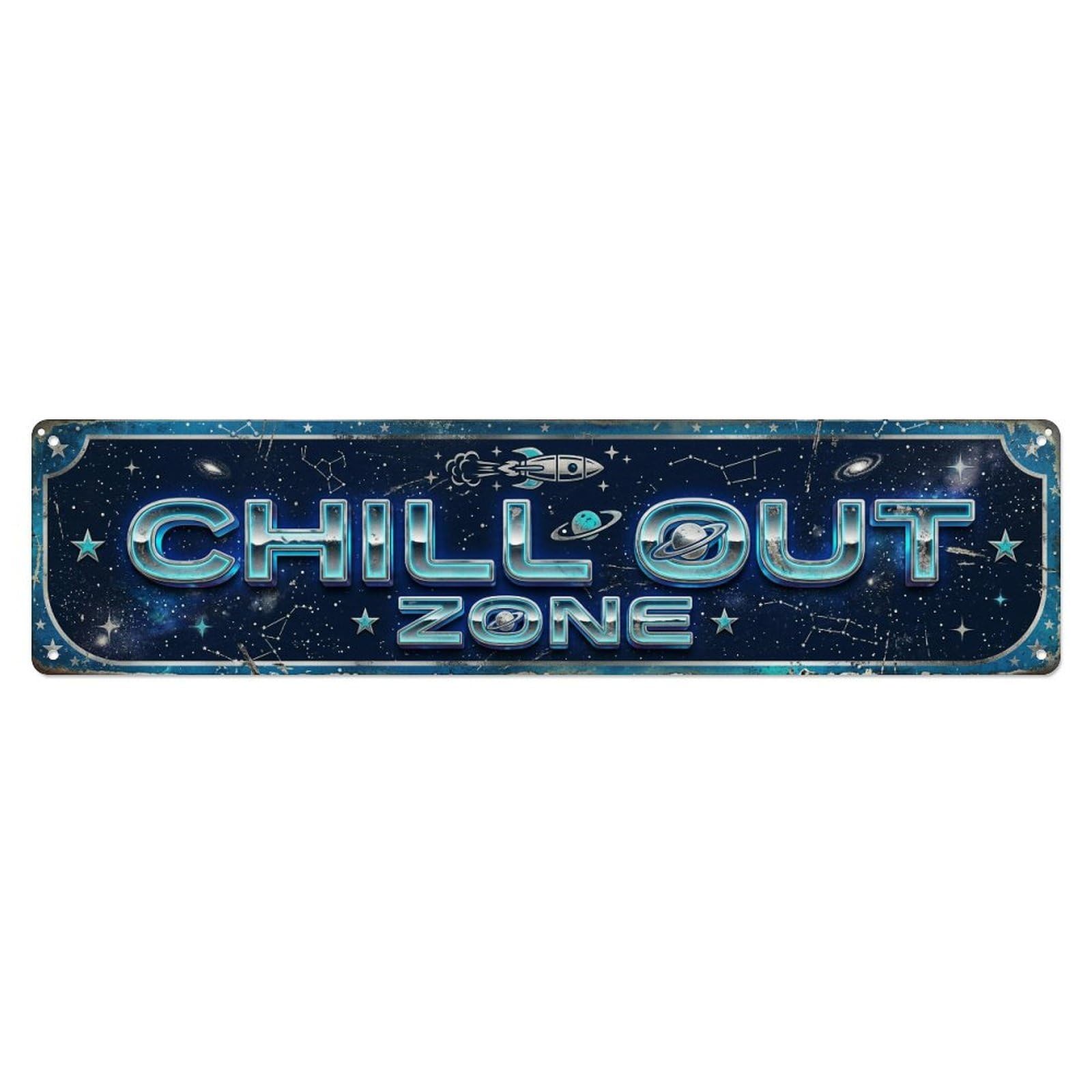 Chill Out Zone Worn Observatory Metal Tin Skinny Sign Plaque Wall Decor for Cafe, Club Bar, Office, Home Garden Metal Poster 4x16Inch