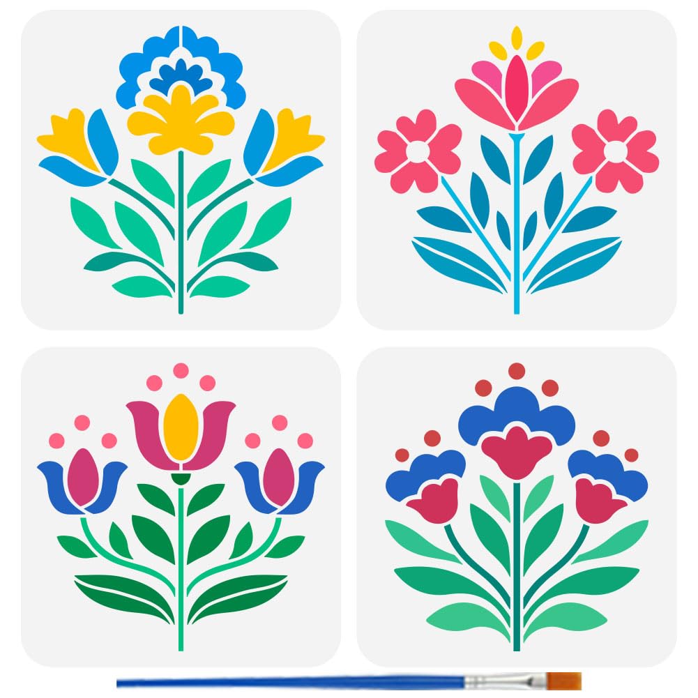 FINGERINSPIRE 4PCS Folk Flowers Stencils with Brush 20x20cm Reusable Folk Art Flowers Design Template Folk Themes Stencil for Painting on Wall Wood Fabric Furniture DIY Home Decoration