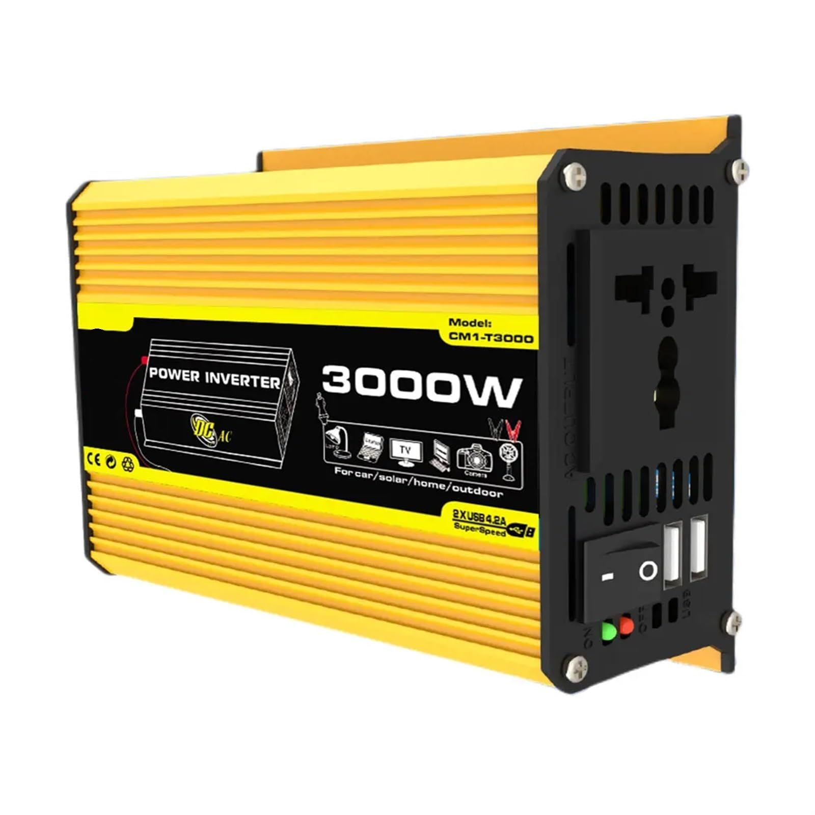 3000W Pojazd Inteligentny Inwerter DC 12V do AC Samochodowy Transformator Napięcia Wbudowany Bezpiecznik Cyfrowy Mocy Przyczepy Kamperowej Kemping na świeżym powietrzu(Yellow)