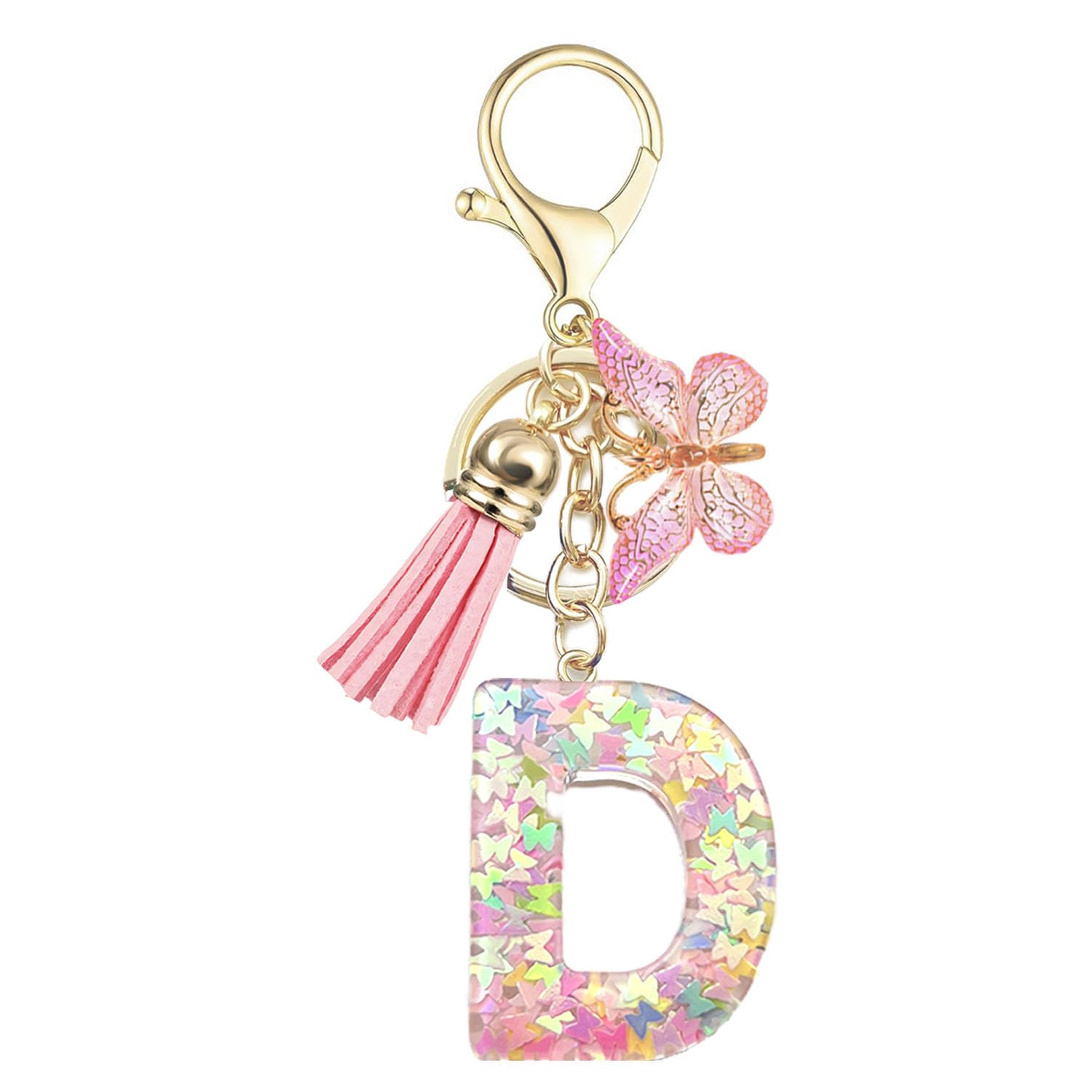 Baofuwan Keychain girl women letter key chain with initial letters butterfly handle pink blue golden for purse handbags school bag